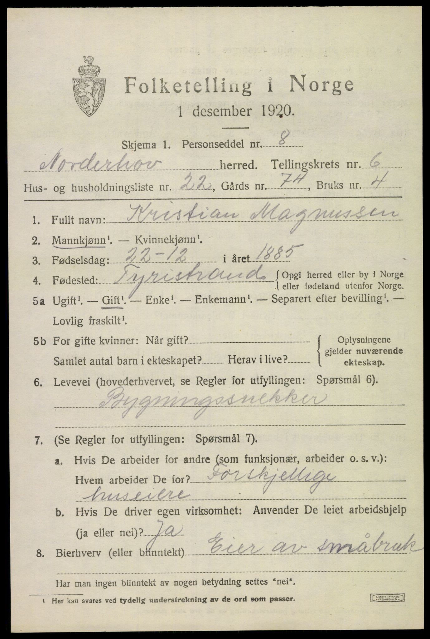 SAKO, 1920 census for Norderhov, 1920, p. 8855