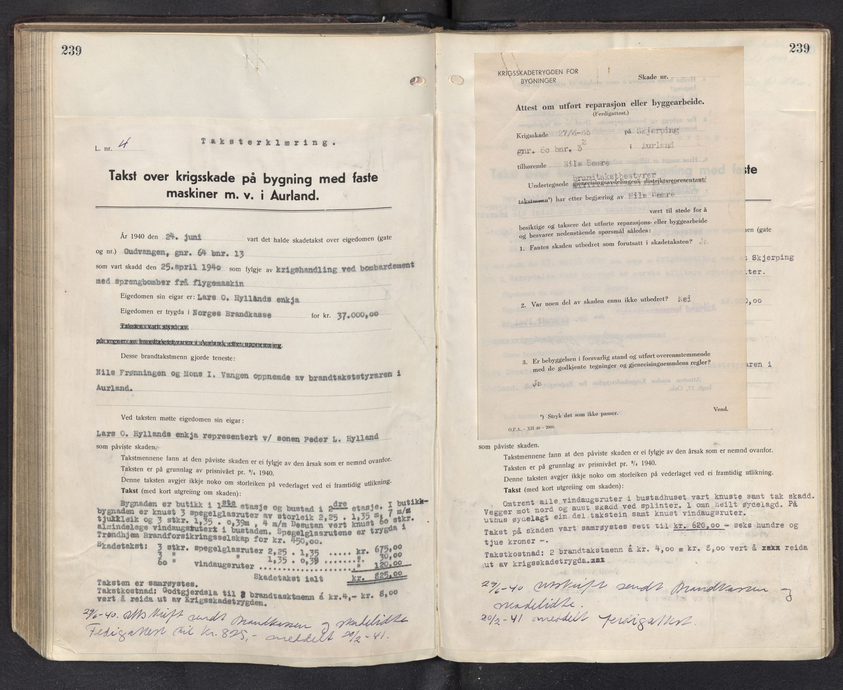 Lensmannen i Aurland, SAB/A-26401/0012/L0003: Branntakstprotokoll, 1917-1944, p. 239