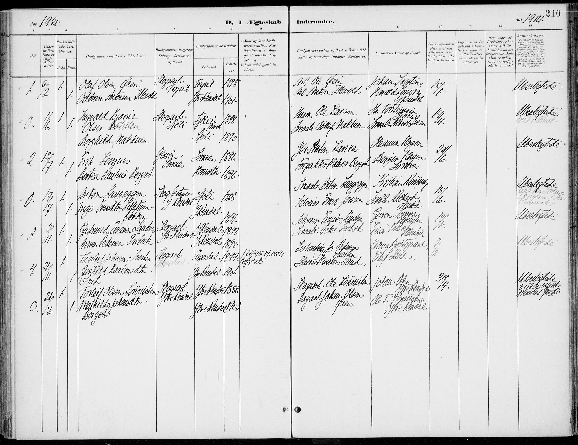 Rendalen prestekontor, SAH/PREST-054/H/Ha/Haa/L0011: Parish register (official) no. 11, 1901-1925, p. 210