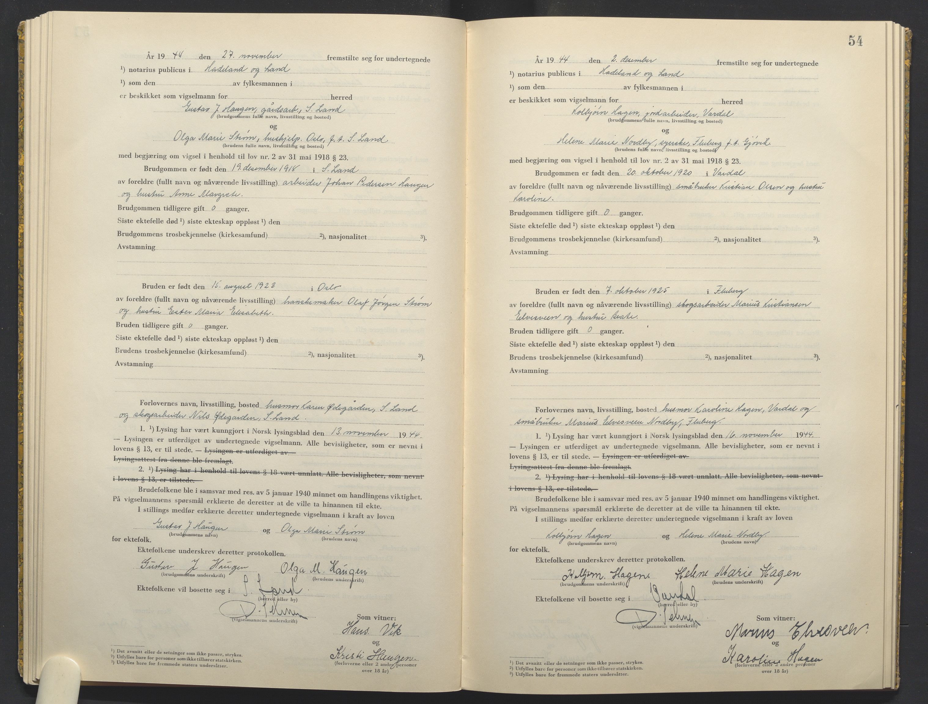 Hadeland og Land tingrett, AV/SAH-TING-010/L/Lb/L0003: Vigselbok, 1944-1946, p. 54
