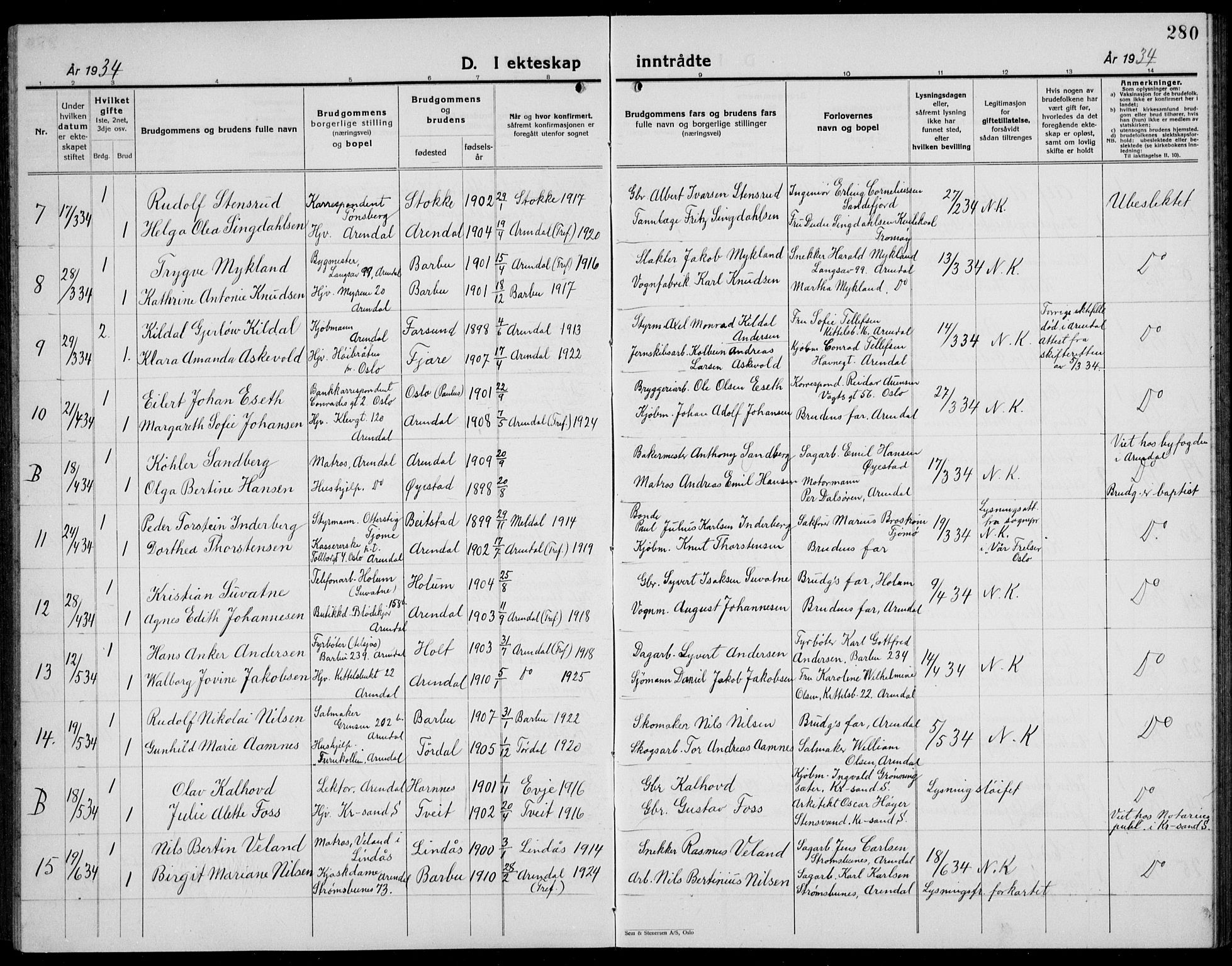 Arendal sokneprestkontor, Trefoldighet, AV/SAK-1111-0040/F/Fb/L0008: Parish register (copy) no. B 8, 1928-1939, p. 280