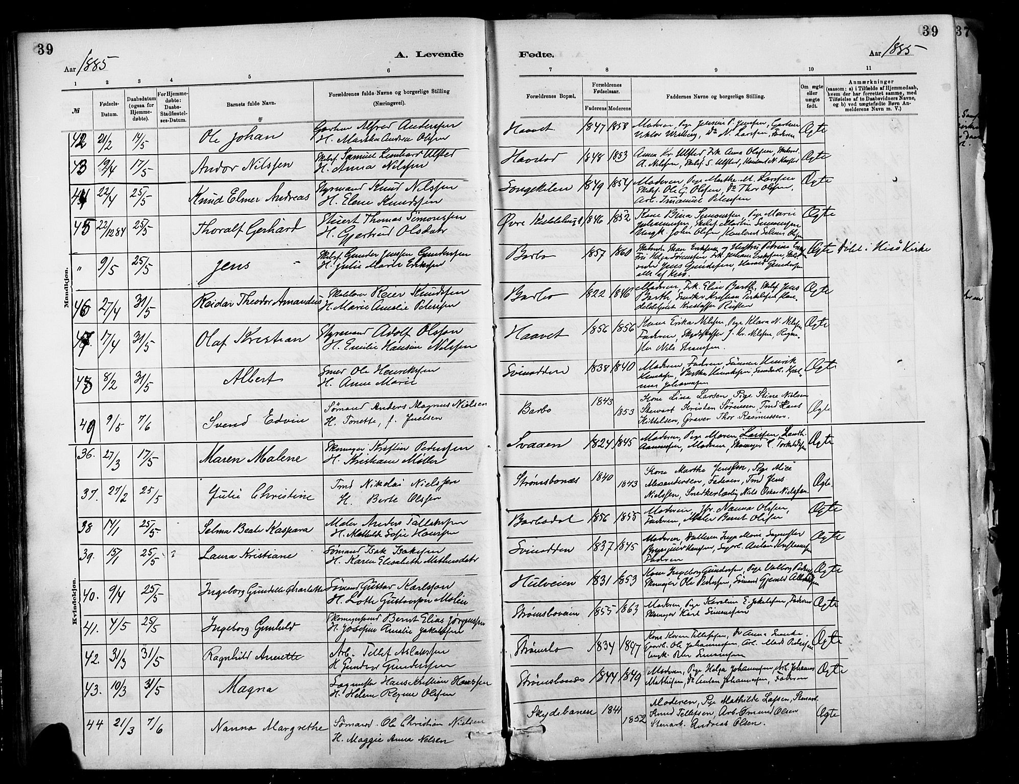 Barbu sokneprestkontor, SAK/1111-0003/F/Fa/L0002: Parish register (official) no. A 2, 1883-1898, p. 39
