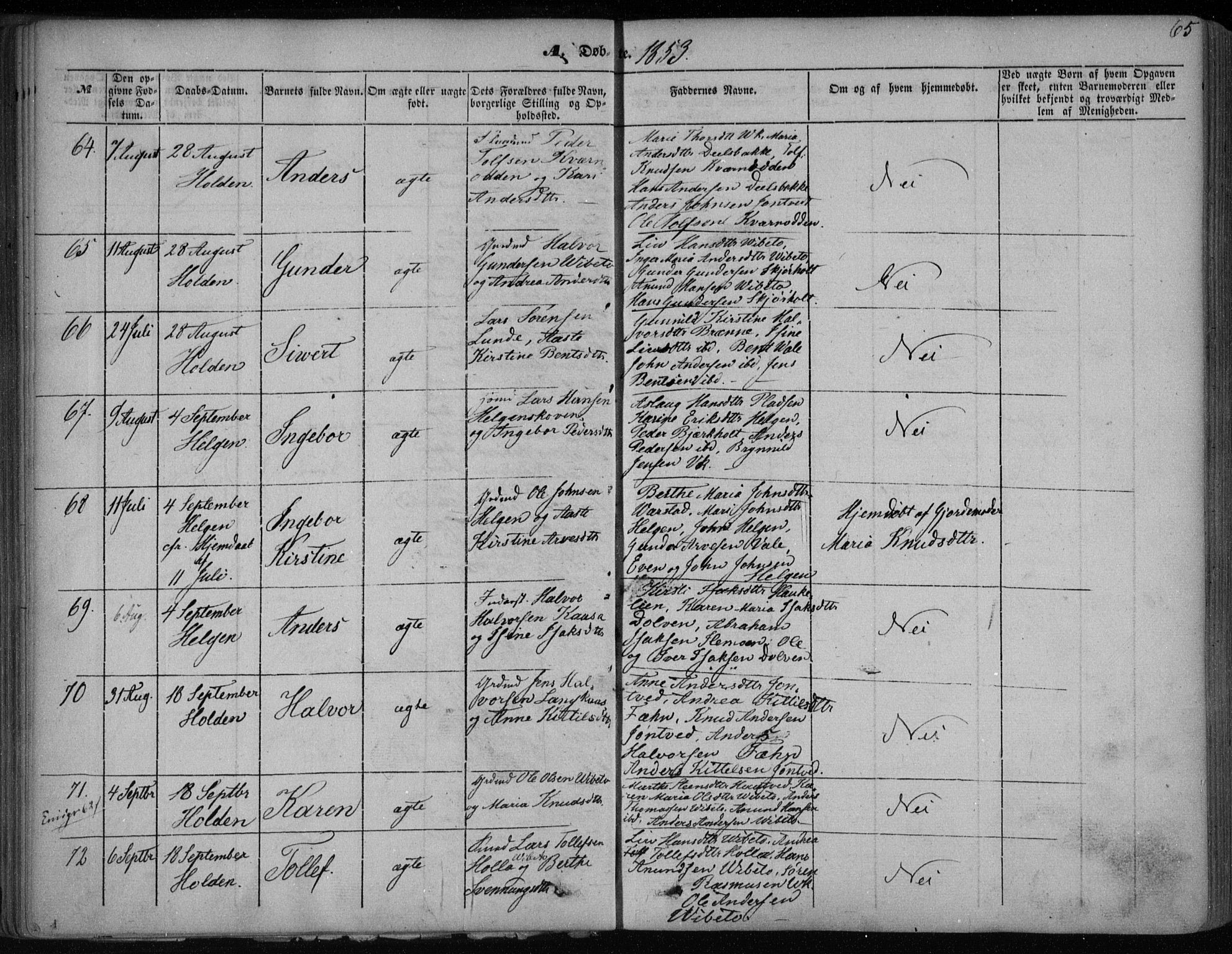 Holla kirkebøker, SAKO/A-272/F/Fa/L0005: Parish register (official) no. 5, 1849-1860, p. 65