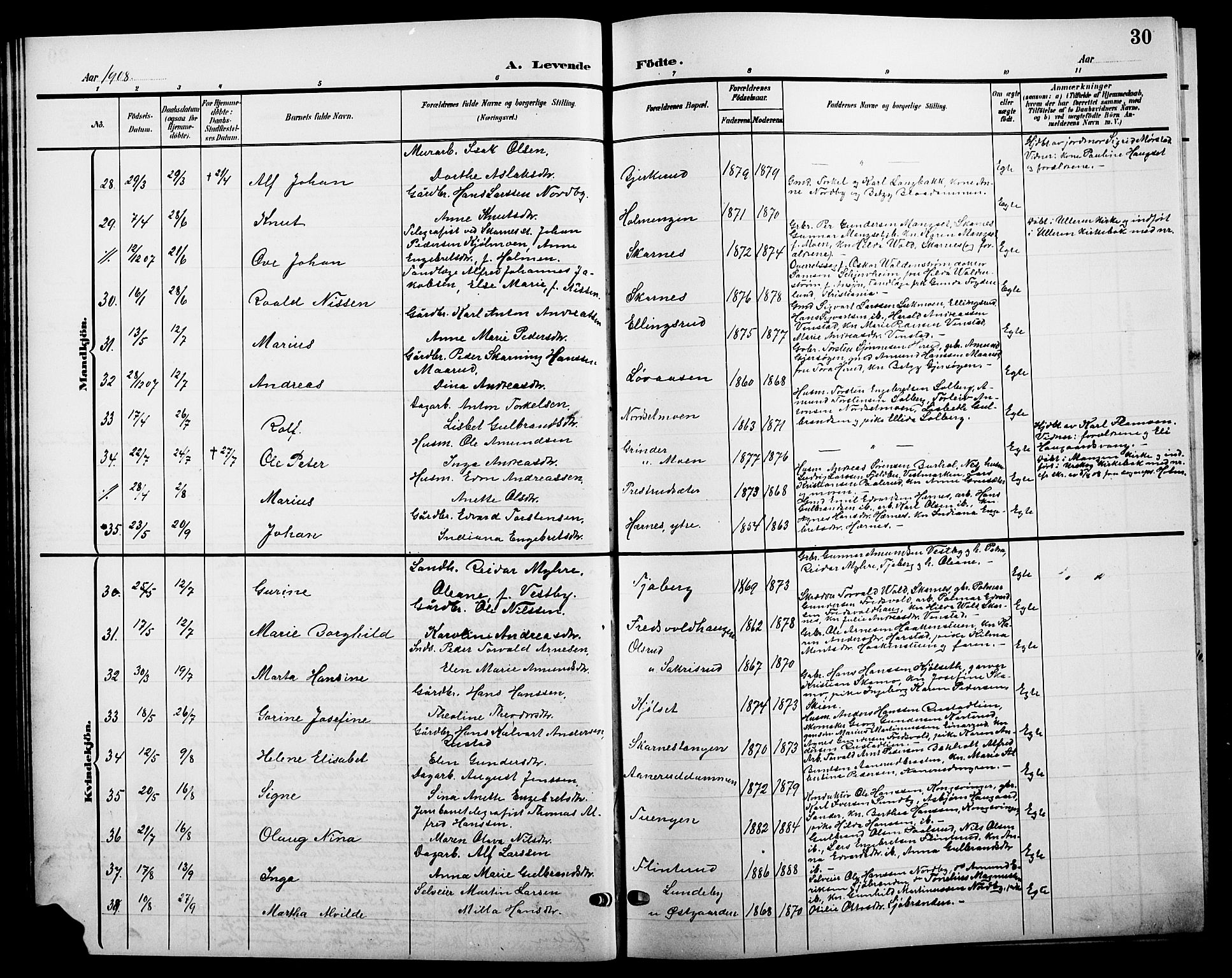 Sør-Odal prestekontor, AV/SAH-PREST-030/H/Ha/Hab/L0005: Parish register (copy) no. 5, 1903-1915, p. 30