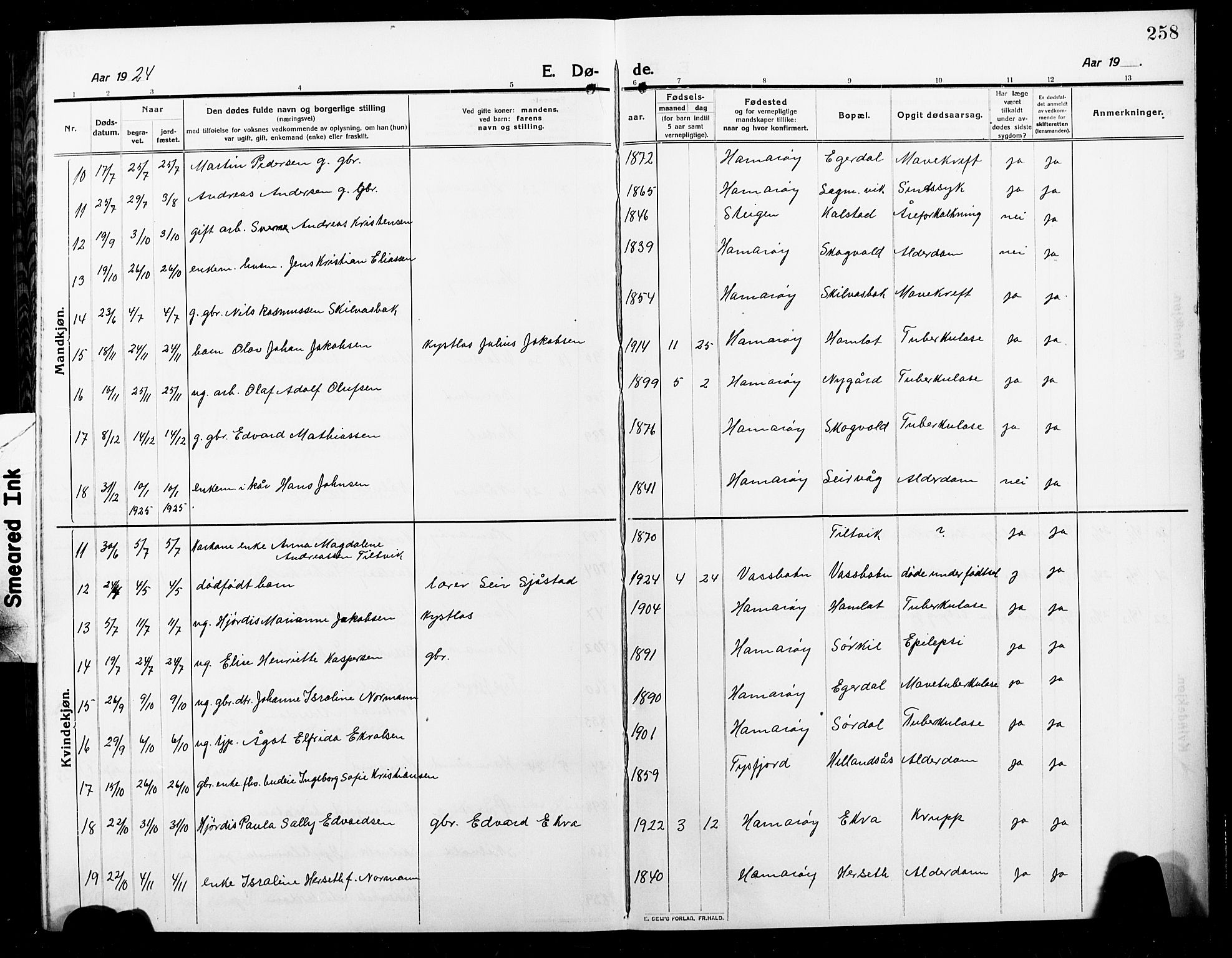 Ministerialprotokoller, klokkerbøker og fødselsregistre - Nordland, AV/SAT-A-1459/859/L0861: Parish register (copy) no. 859C07, 1910-1925, p. 258