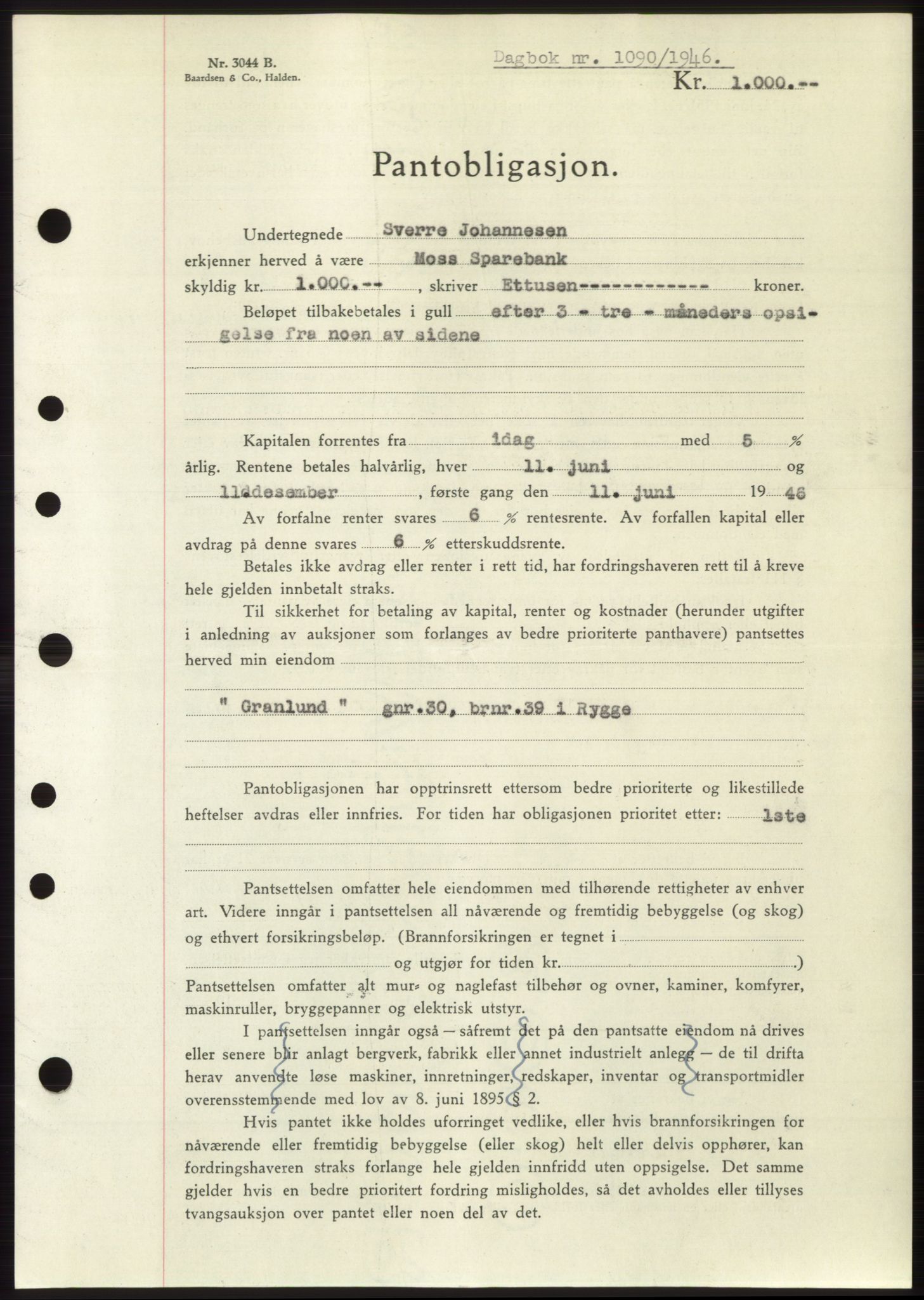 Moss sorenskriveri, AV/SAO-A-10168: Mortgage book no. B15, 1946-1946, Diary no: : 1090/1946