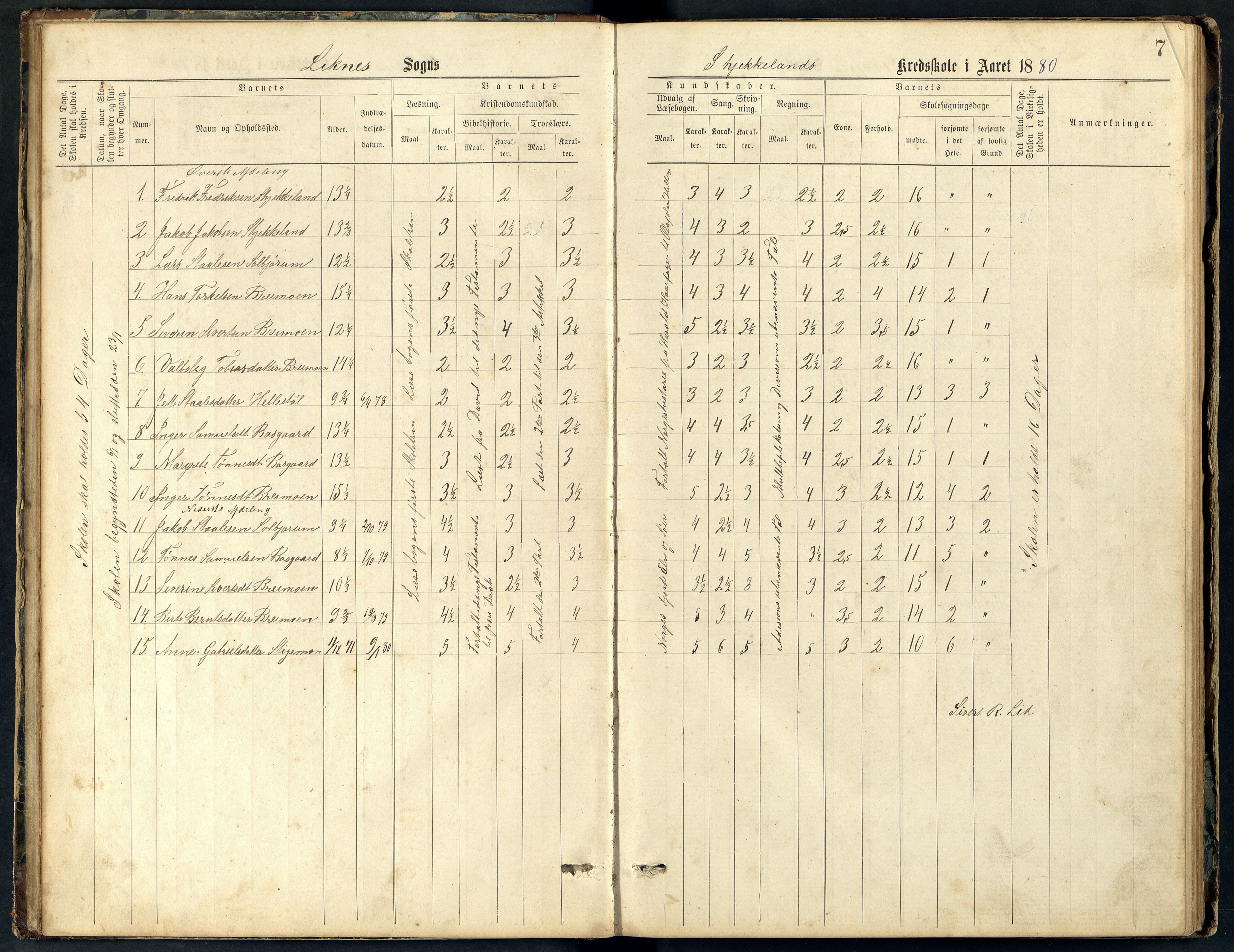 Kvinesdal kommune - Skjekkeland Skole, ARKSOR/1037KG561/H/L0001: Skoleprotokoll. Også for skolene Lid og Moi., 1878-1891