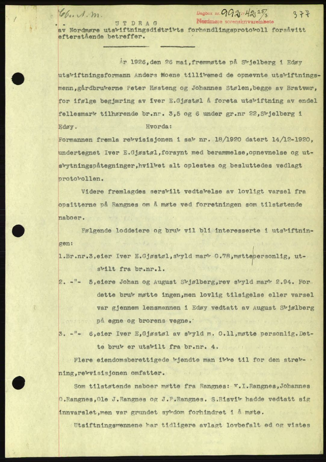 Nordmøre sorenskriveri, AV/SAT-A-4132/1/2/2Ca: Mortgage book no. A92, 1942-1942, Diary no: : 992/1942