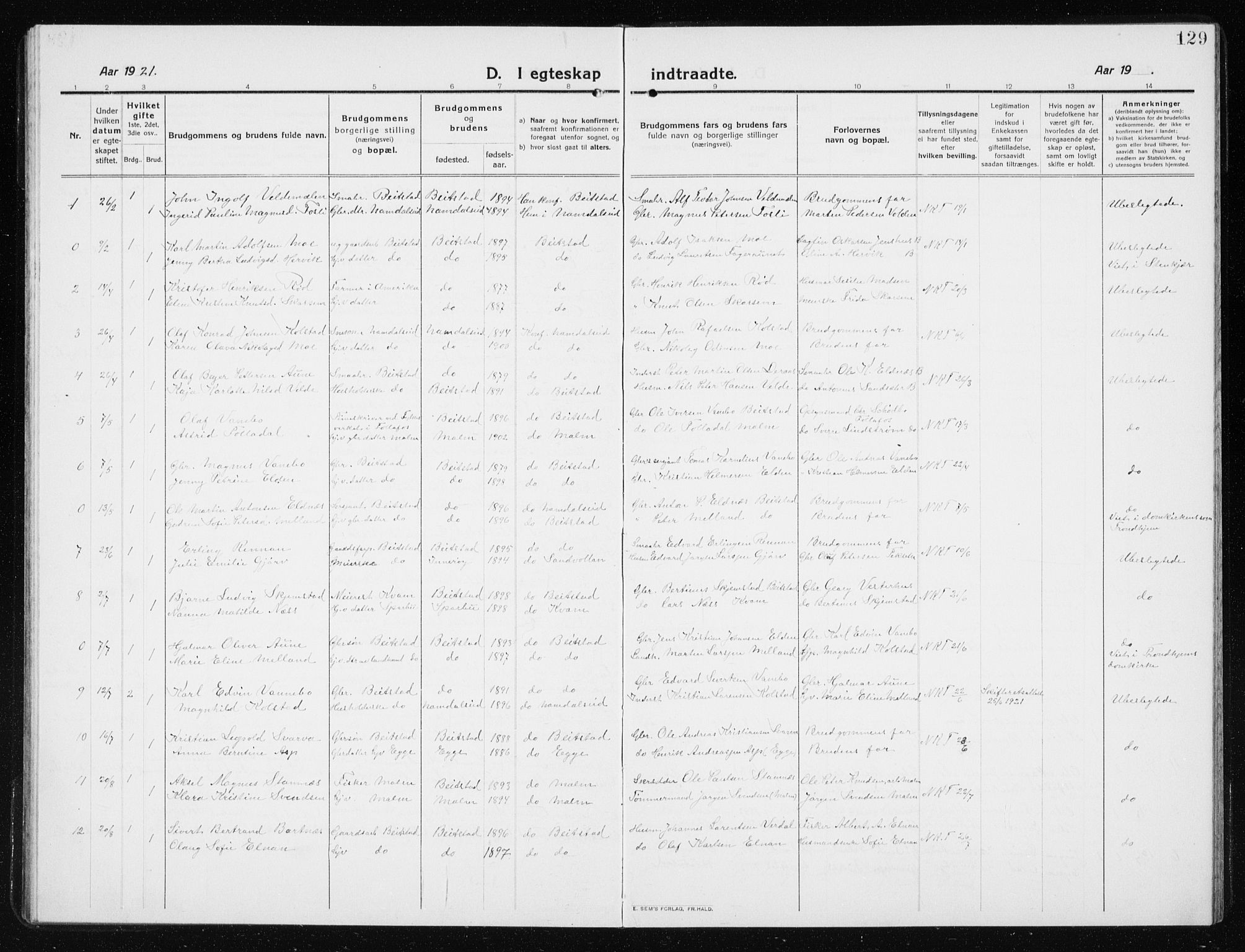 Ministerialprotokoller, klokkerbøker og fødselsregistre - Nord-Trøndelag, AV/SAT-A-1458/741/L0402: Parish register (copy) no. 741C03, 1911-1926, p. 129