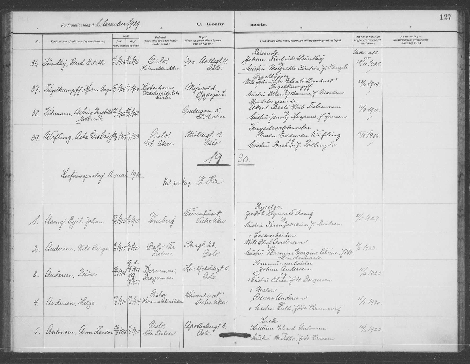 Oslo domkirke Kirkebøker, AV/SAO-A-10752/F/Fa/L0031: Parish register (official) no. 31, 1918-1941, p. 127