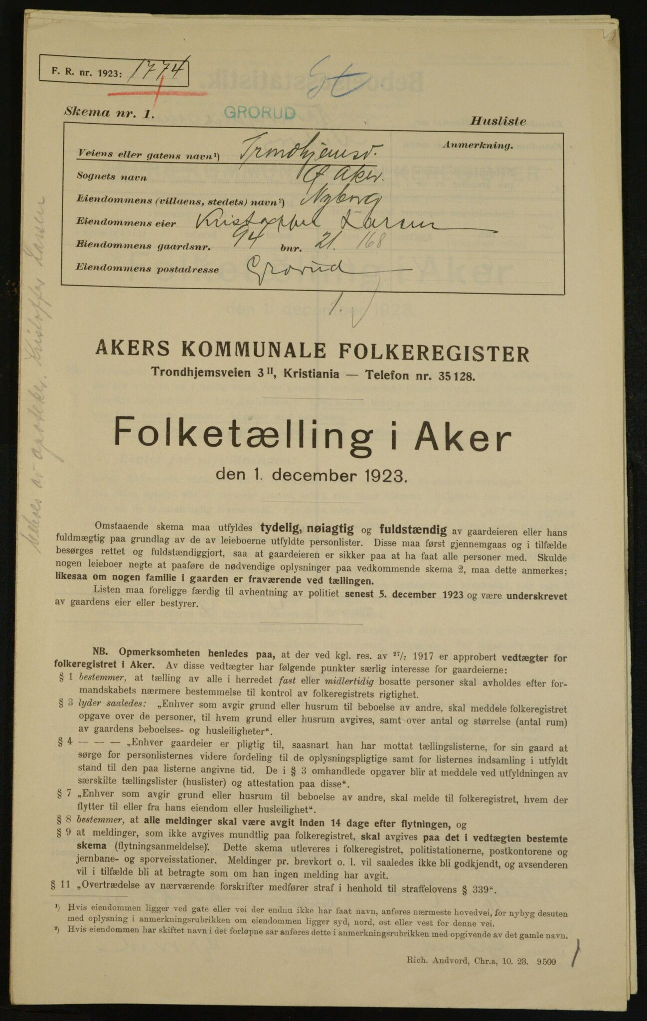 , Municipal Census 1923 for Aker, 1923, p. 33780