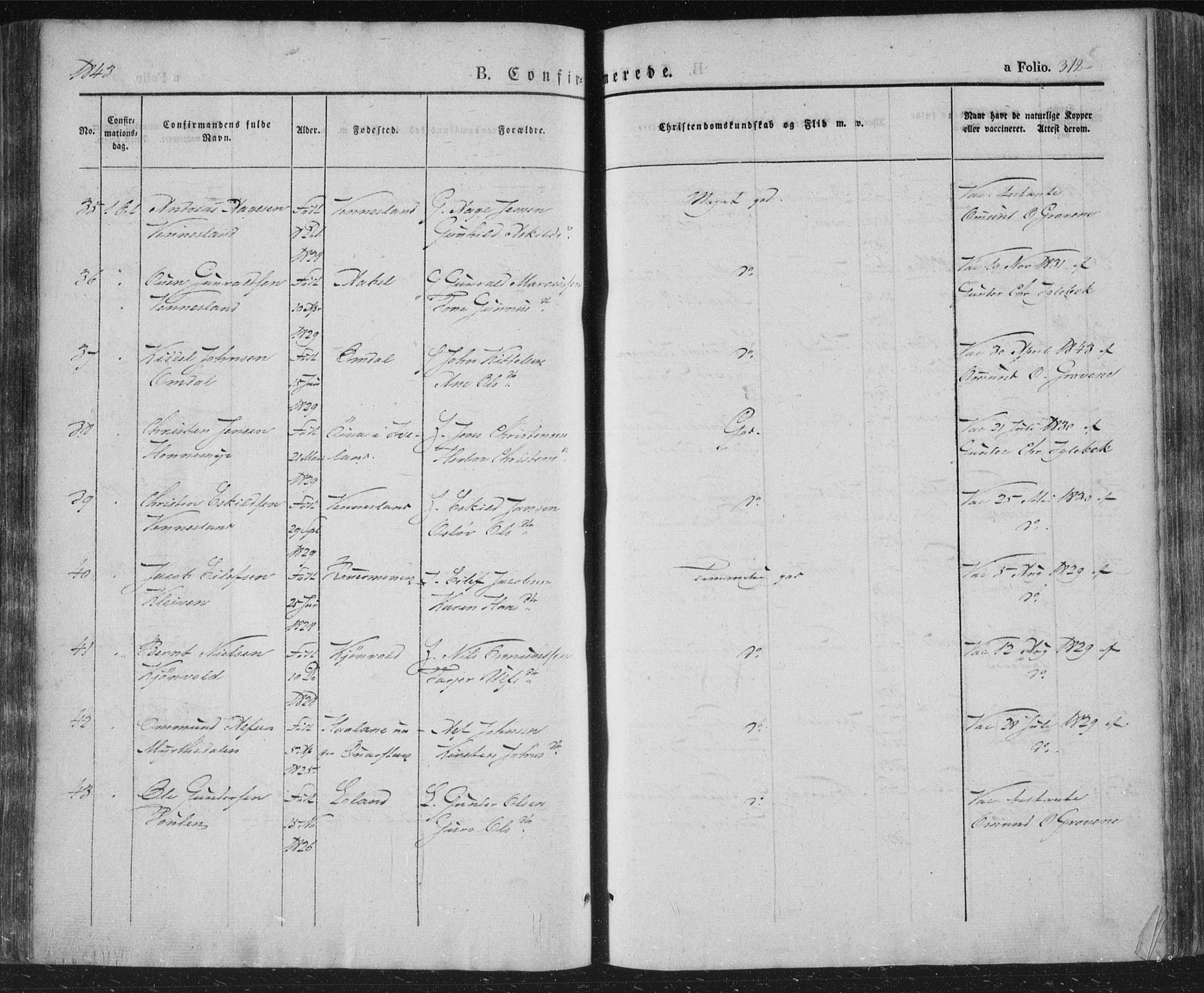 Vennesla sokneprestkontor, AV/SAK-1111-0045/Fa/Fac/L0004: Parish register (official) no. A 4, 1834-1855, p. 312