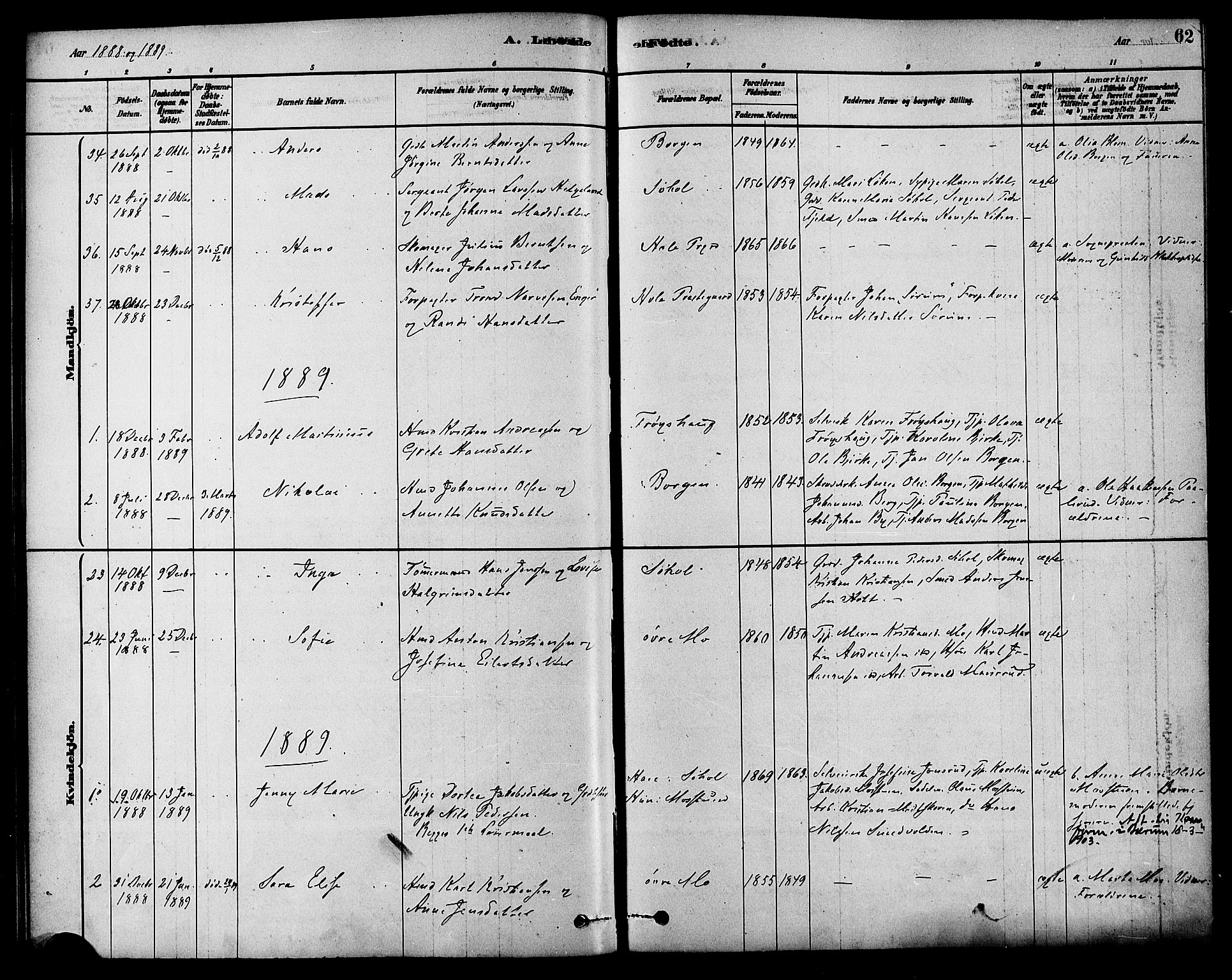Hole kirkebøker, SAKO/A-228/F/Fa/L0008: Parish register (official) no. I 8, 1878-1891, p. 62