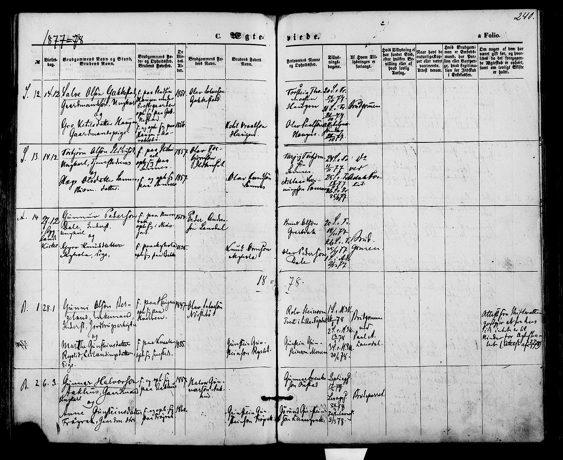 Bygland sokneprestkontor, SAK/1111-0006/F/Fa/Fab/L0006: Parish register (official) no. A 6, 1873-1884, p. 240