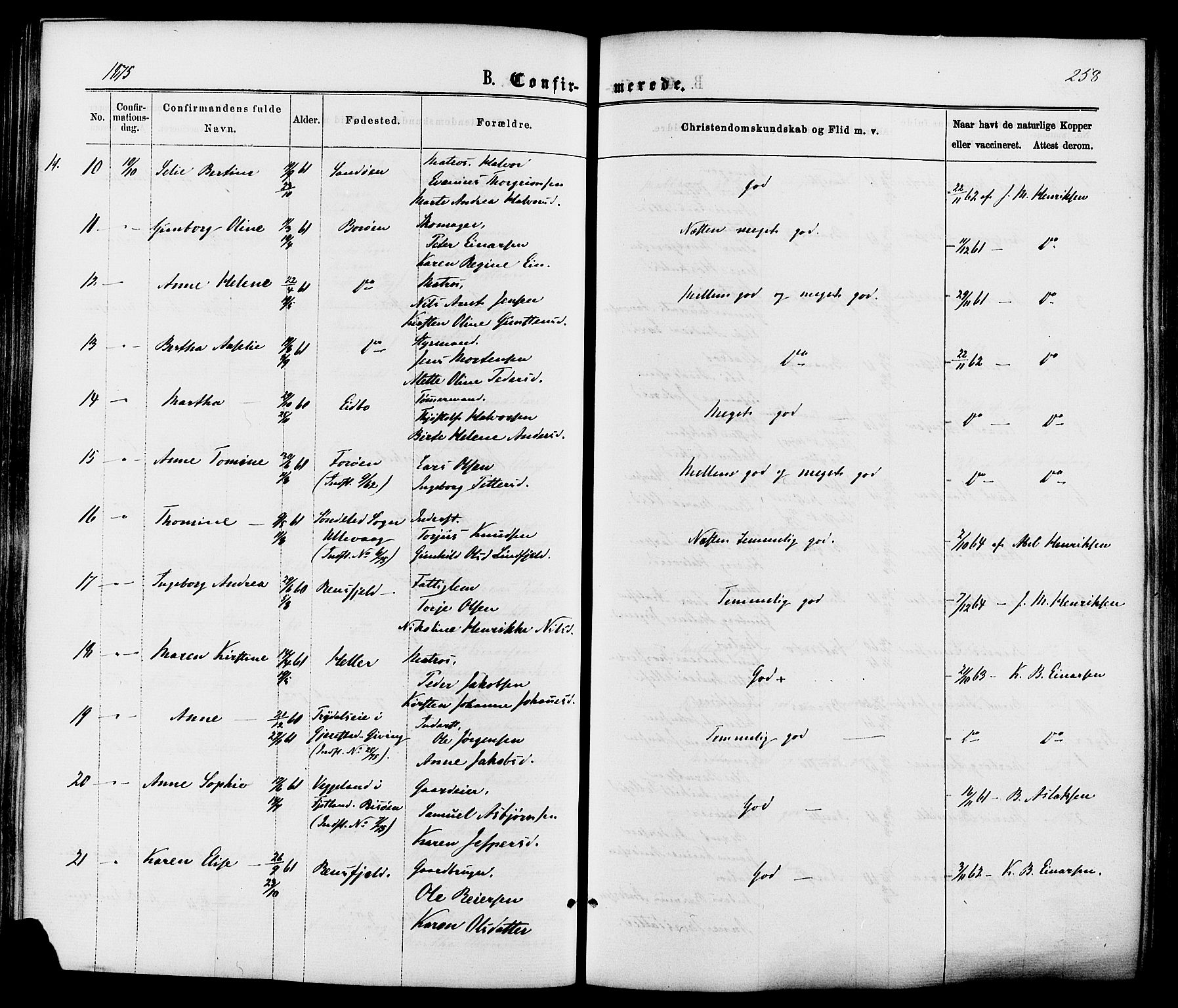 Dypvåg sokneprestkontor, AV/SAK-1111-0007/F/Fa/Faa/L0007: Parish register (official) no. A 7/ 1, 1872-1884, p. 258