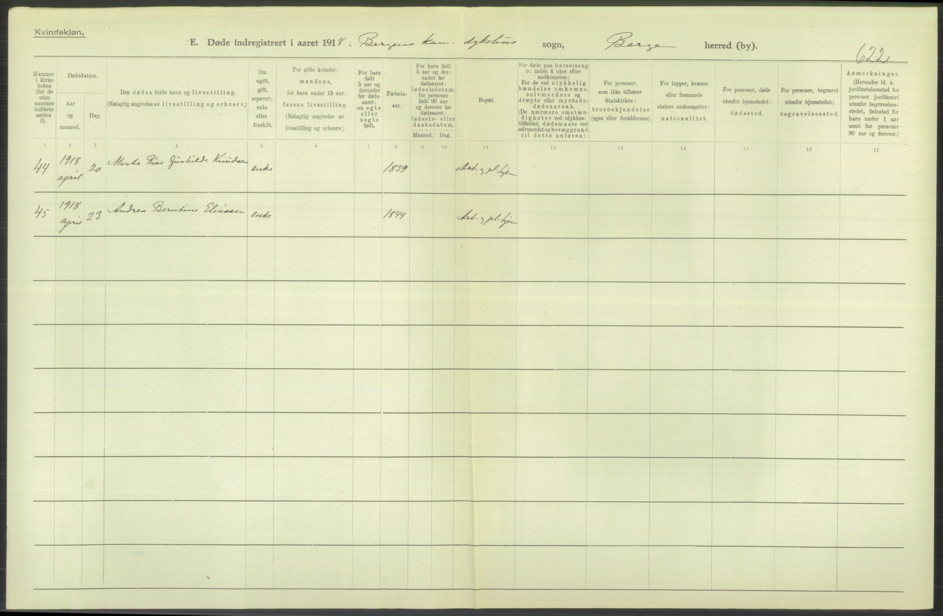 Statistisk sentralbyrå, Sosiodemografiske emner, Befolkning, AV/RA-S-2228/D/Df/Dfb/Dfbh/L0039: Bergen: Døde., 1918, p. 456