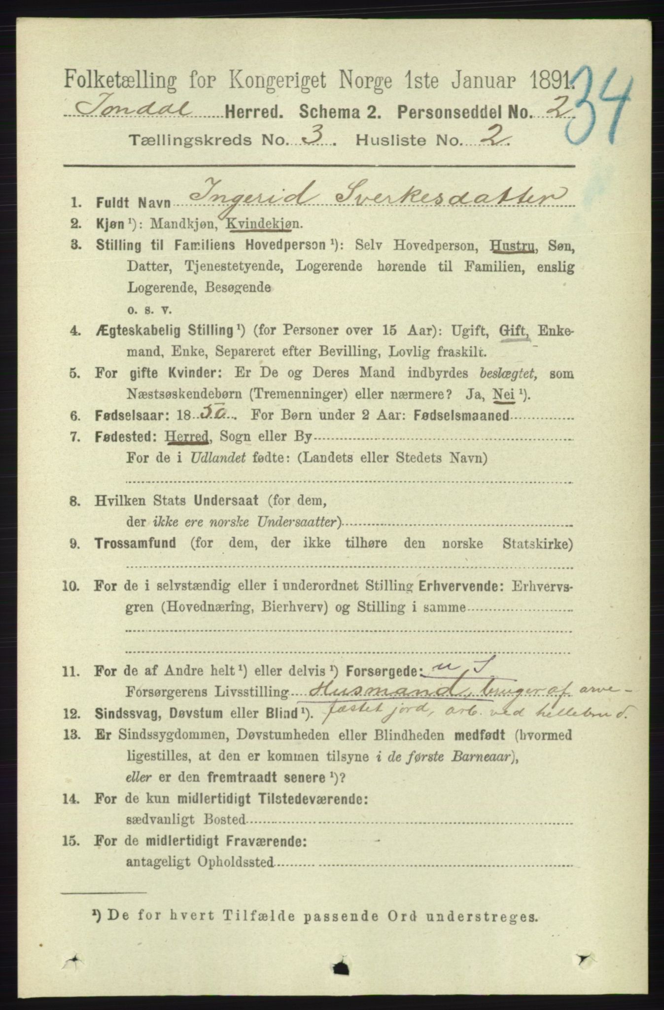 RA, 1891 census for 1227 Jondal, 1891, p. 1308
