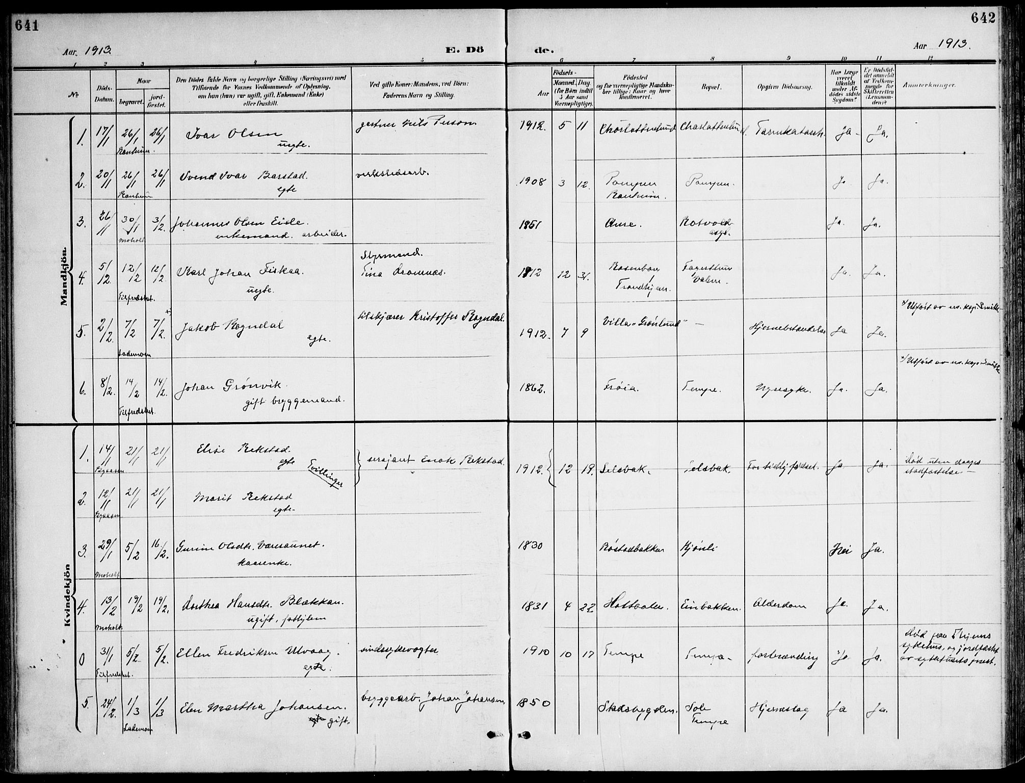 Ministerialprotokoller, klokkerbøker og fødselsregistre - Sør-Trøndelag, AV/SAT-A-1456/607/L0320: Parish register (official) no. 607A04, 1907-1915, p. 641-642