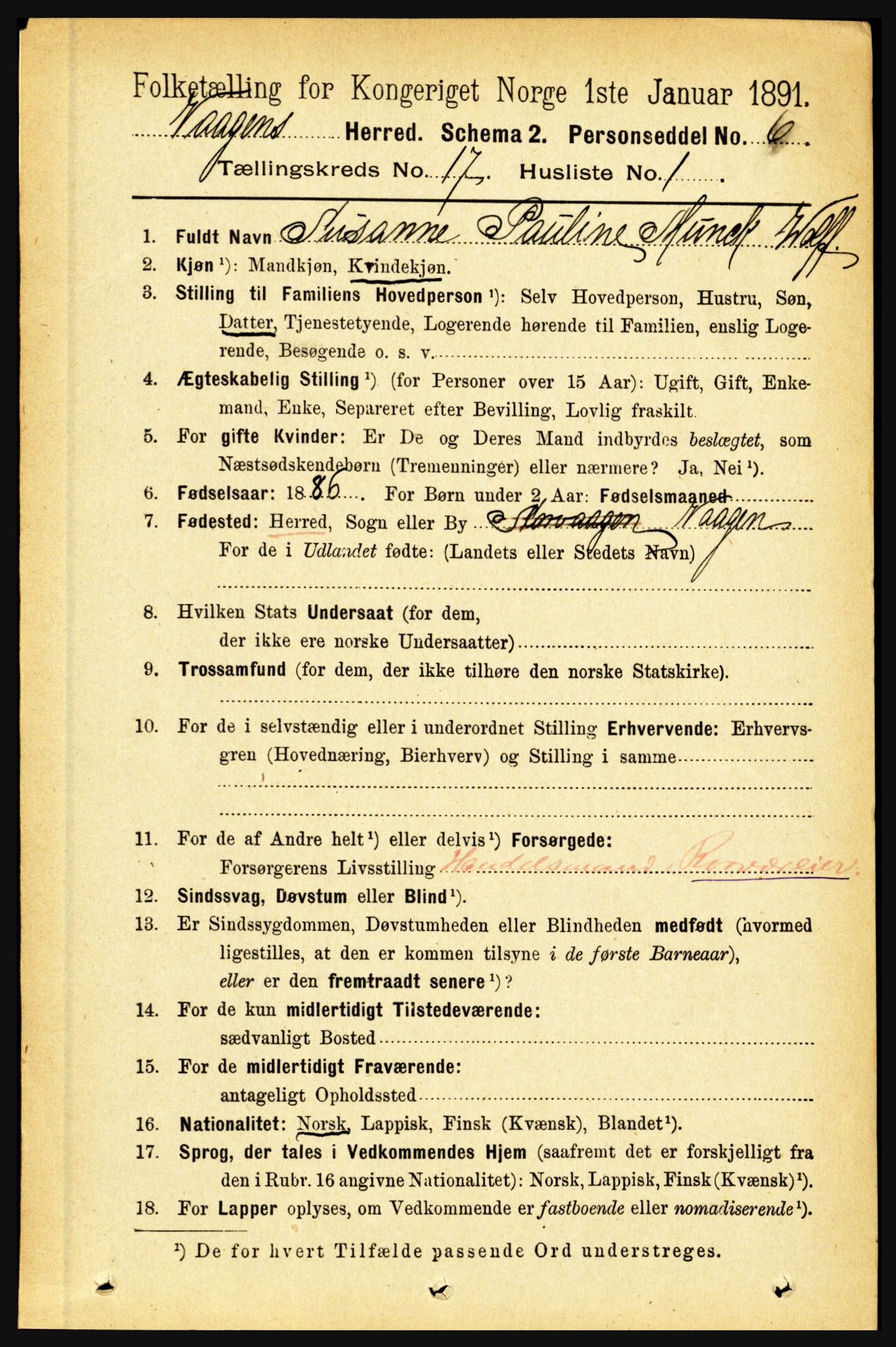 RA, 1891 census for 1865 Vågan, 1891, p. 4923