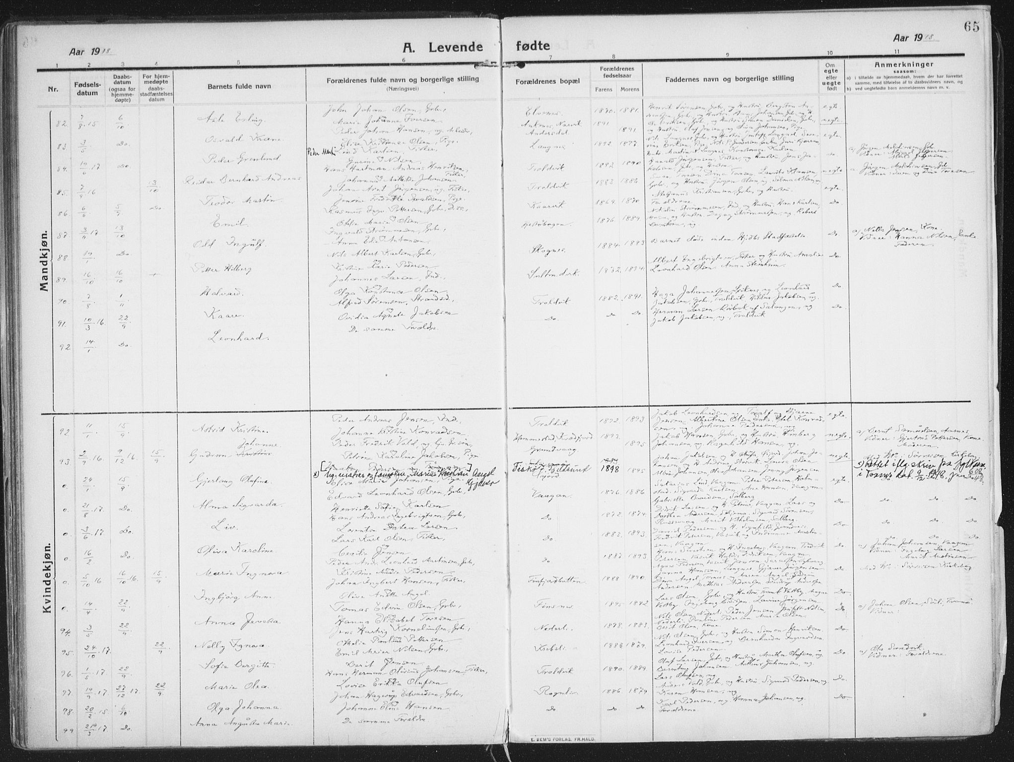 Lenvik sokneprestembete, AV/SATØ-S-1310/H/Ha/Haa/L0016kirke: Parish register (official) no. 16, 1910-1924, p. 65