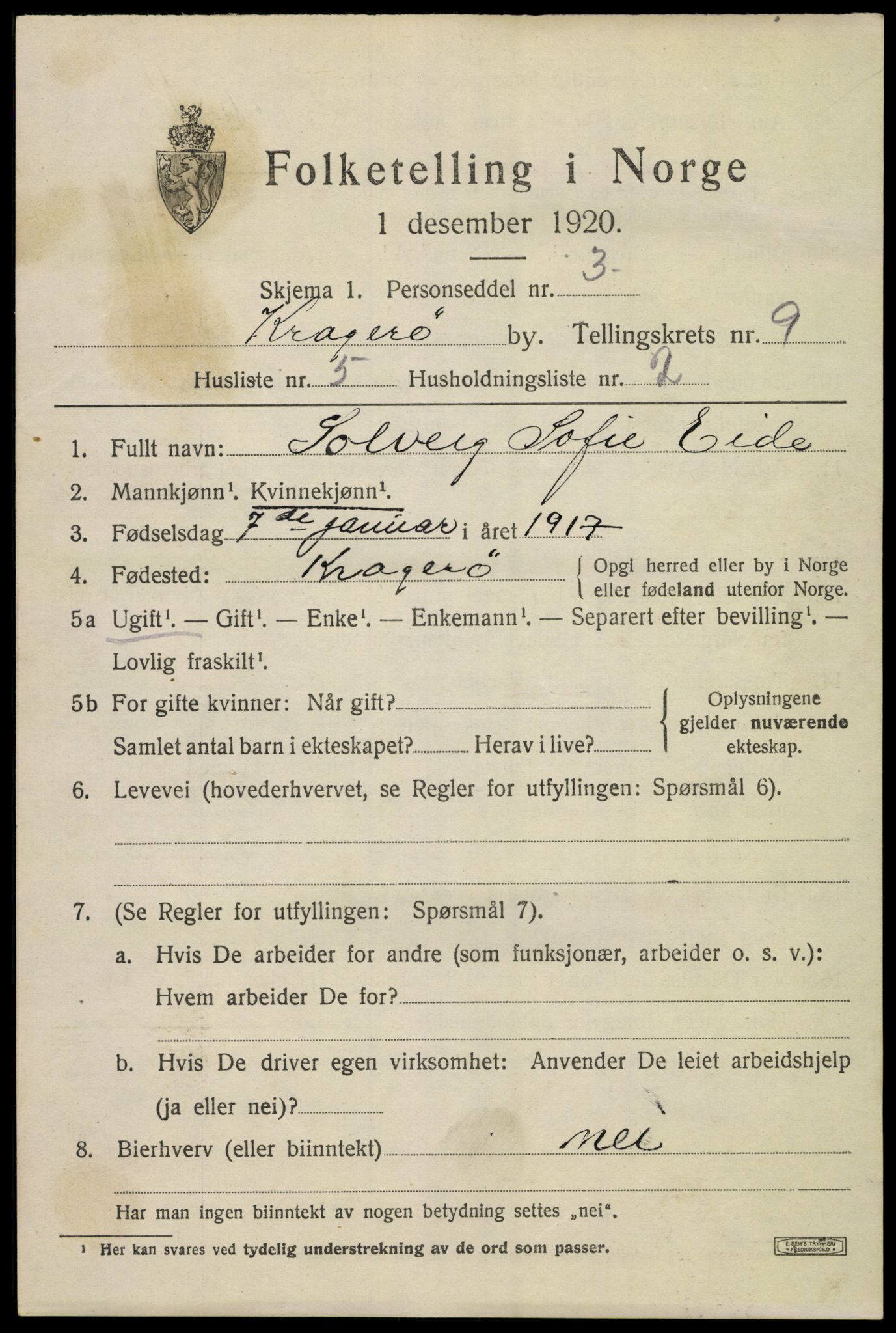 SAKO, 1920 census for Kragerø, 1920, p. 12005