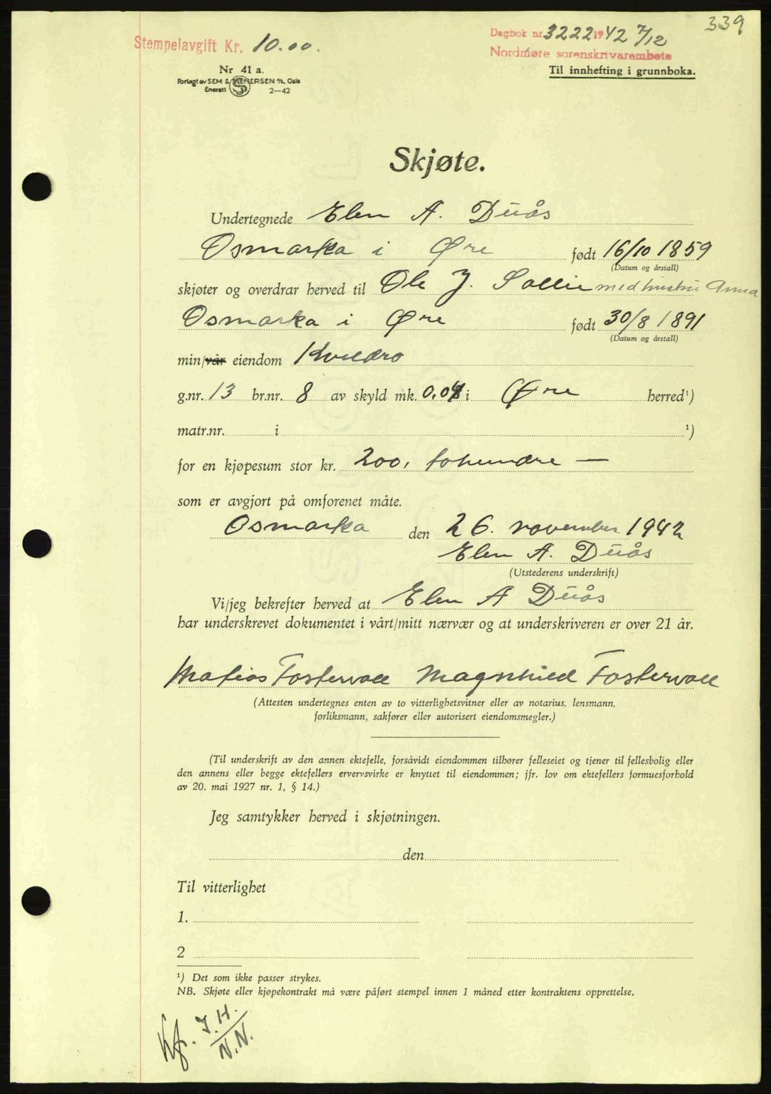 Nordmøre sorenskriveri, AV/SAT-A-4132/1/2/2Ca: Mortgage book no. A94, 1942-1943, Diary no: : 3222/1942