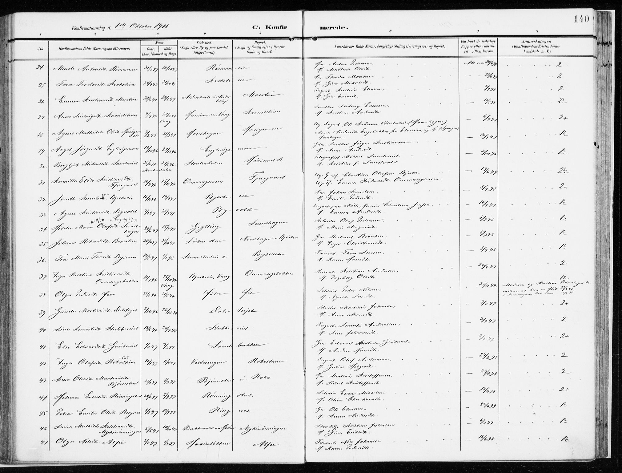 Løten prestekontor, AV/SAH-PREST-022/K/Ka/L0011: Parish register (official) no. 11, 1908-1917, p. 140