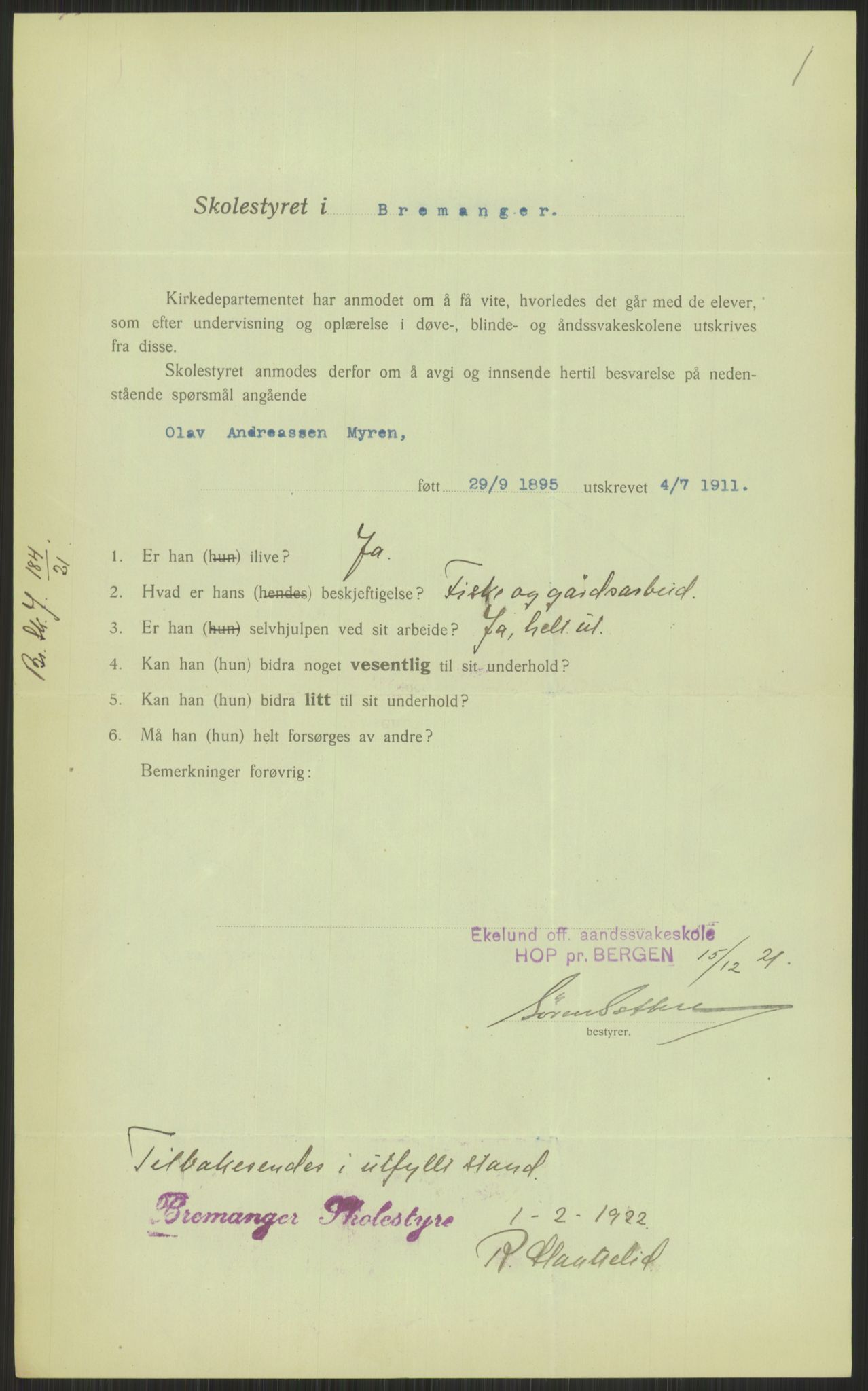 Kirke- og undervisningsdepartementet, 1. skolekontor D, AV/RA-S-1021/F/Fh/Fhl/L0044: Hvor blir det av elevene?, 1911-1921, p. 433