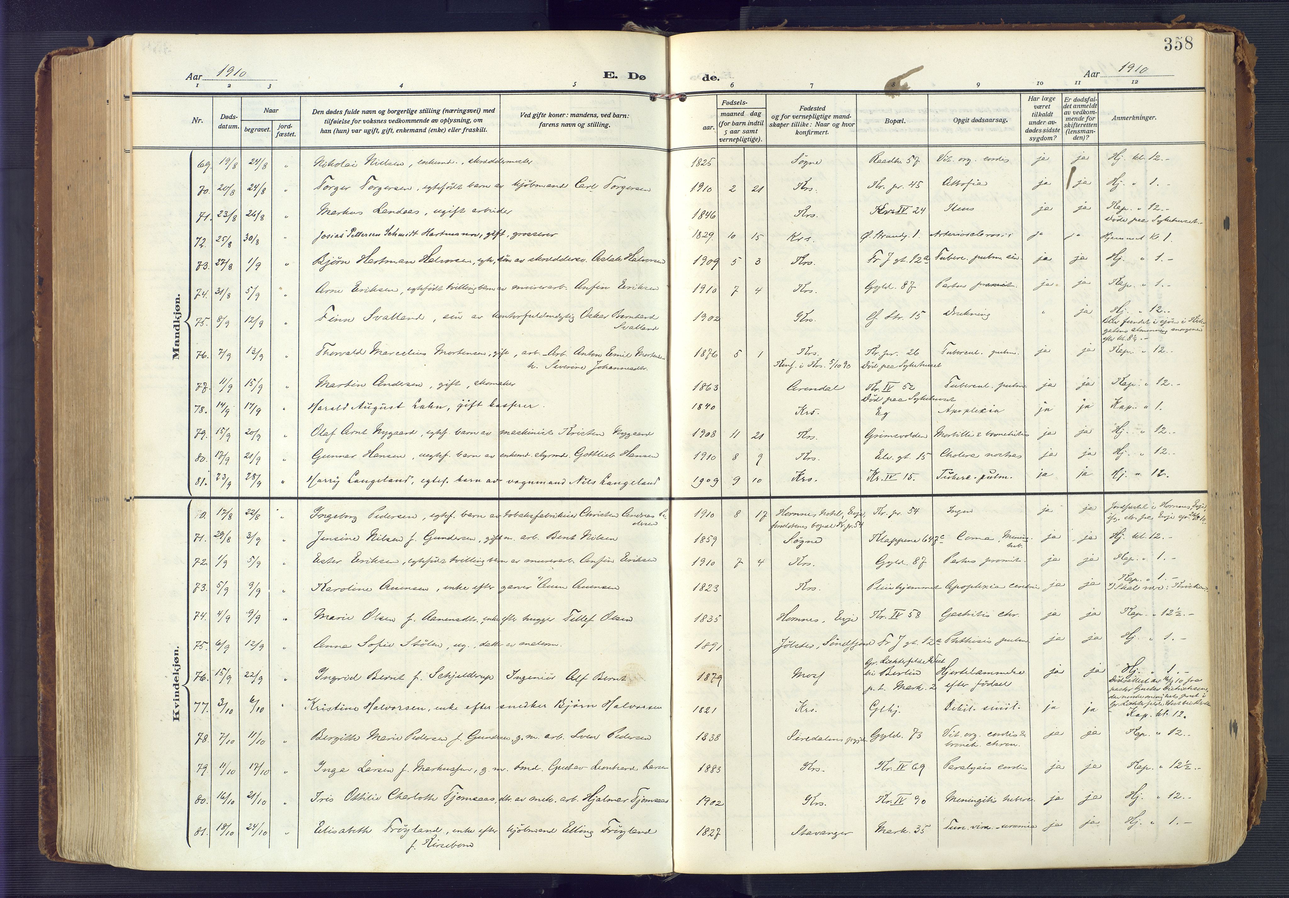Kristiansand domprosti, AV/SAK-1112-0006/F/Fa/L0023: Parish register (official) no. A 22, 1909-1917, p. 358