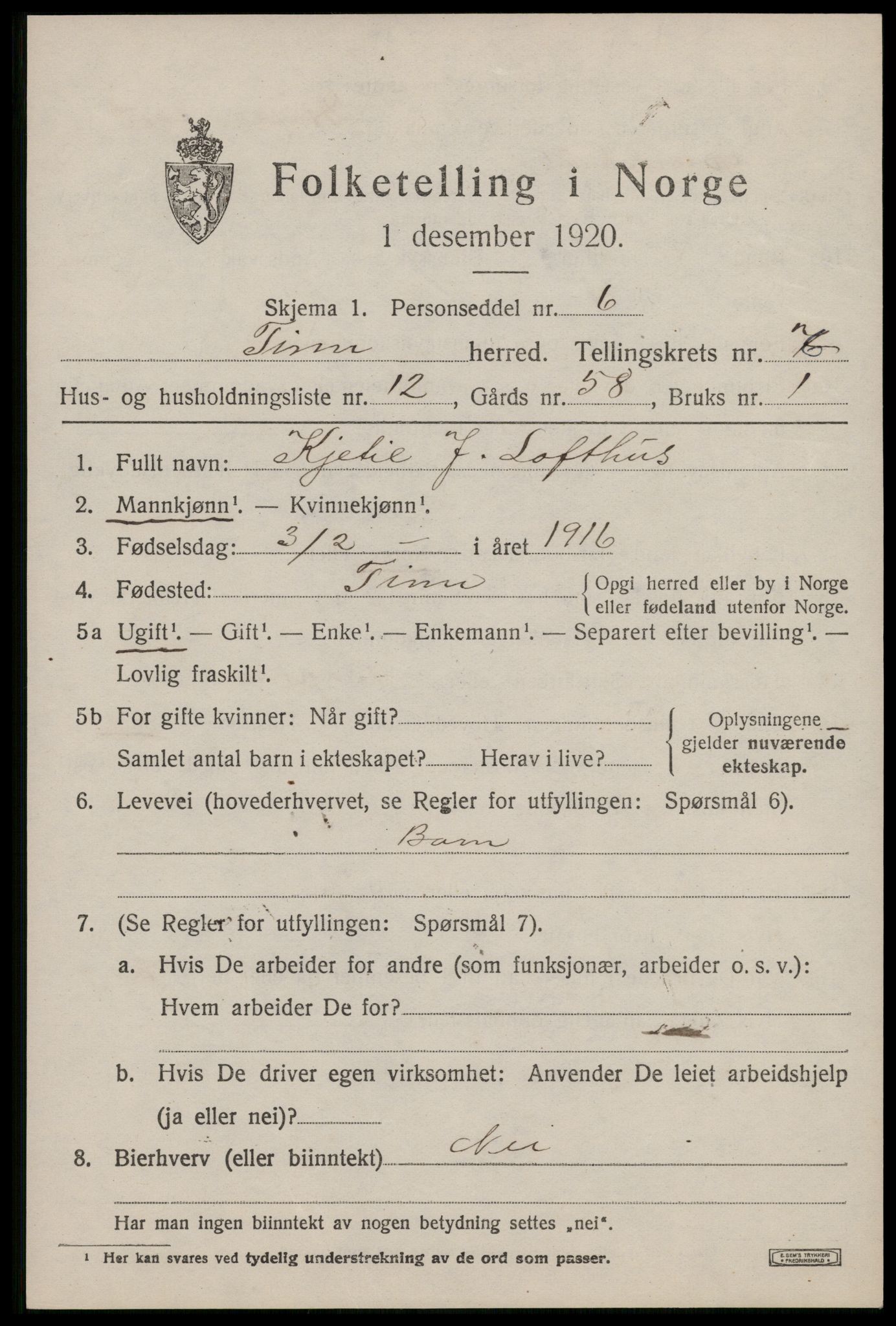 SAKO, 1920 census for Tinn, 1920, p. 4640