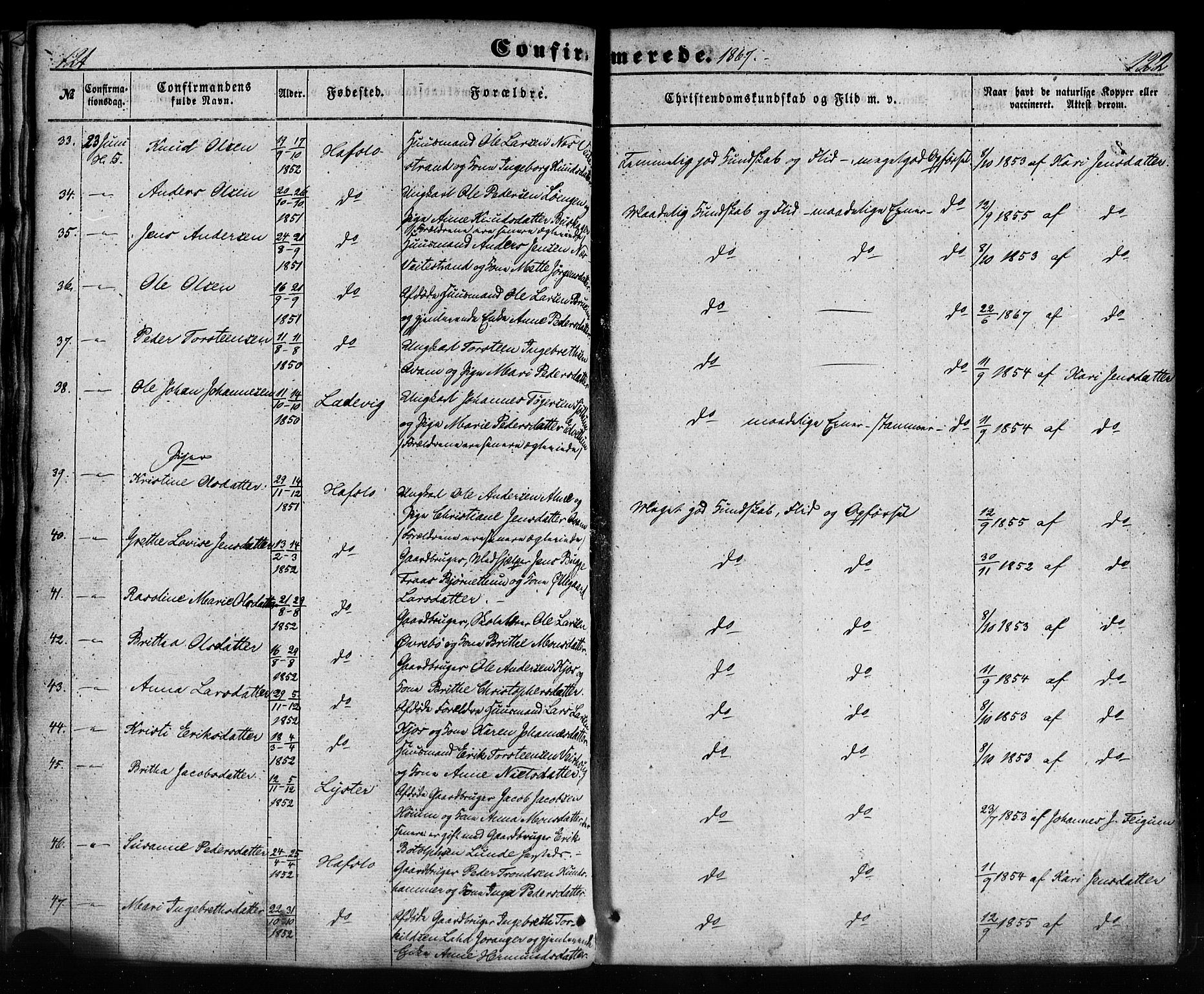 Hafslo sokneprestembete, SAB/A-80301/H/Haa/Haaa/L0012: Parish register (official) no. A 12, 1852-1885, p. 122-123
