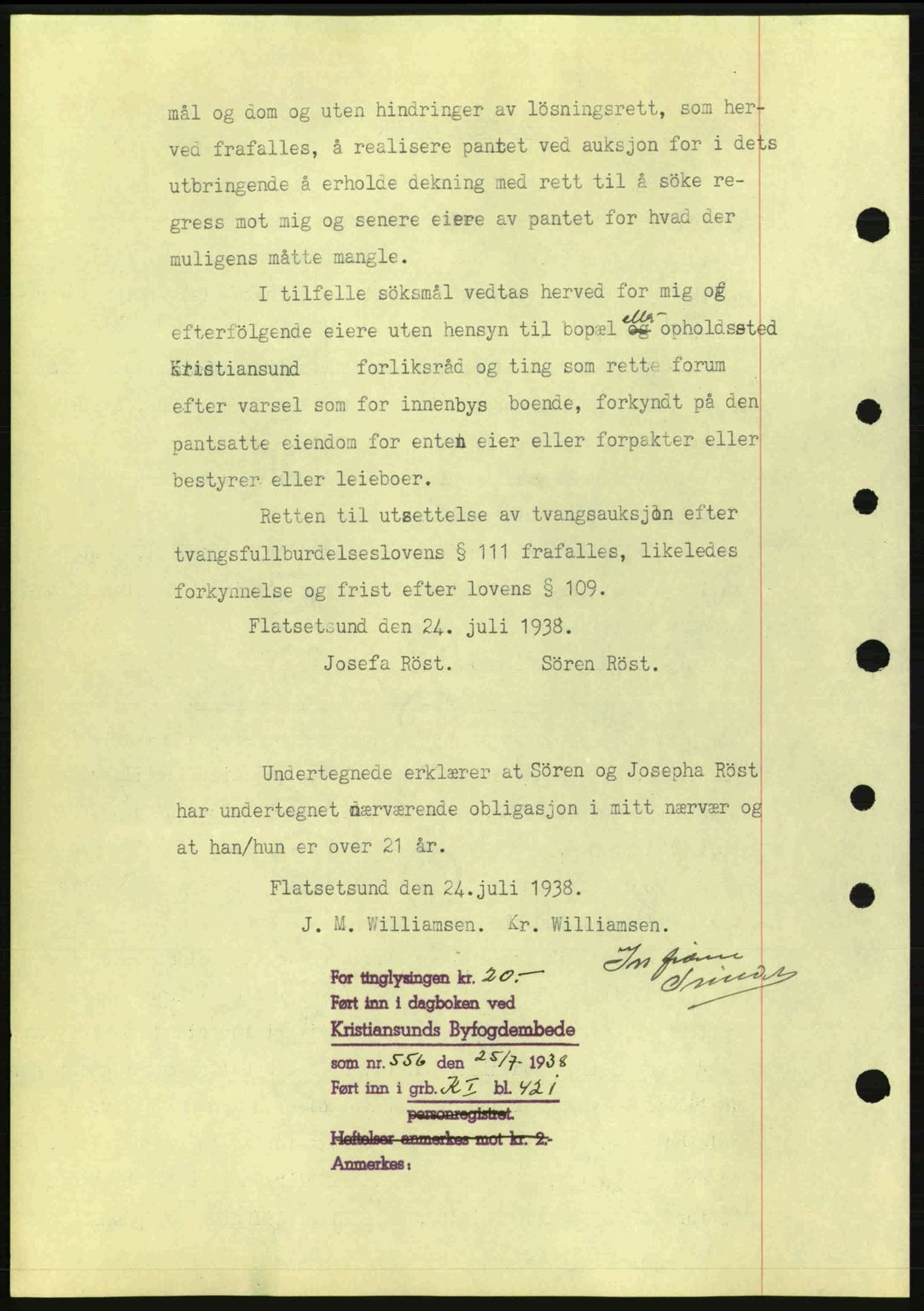 Kristiansund byfogd, SAT/A-4587/A/27: Mortgage book no. 31, 1938-1939, Diary no: : 556/1938