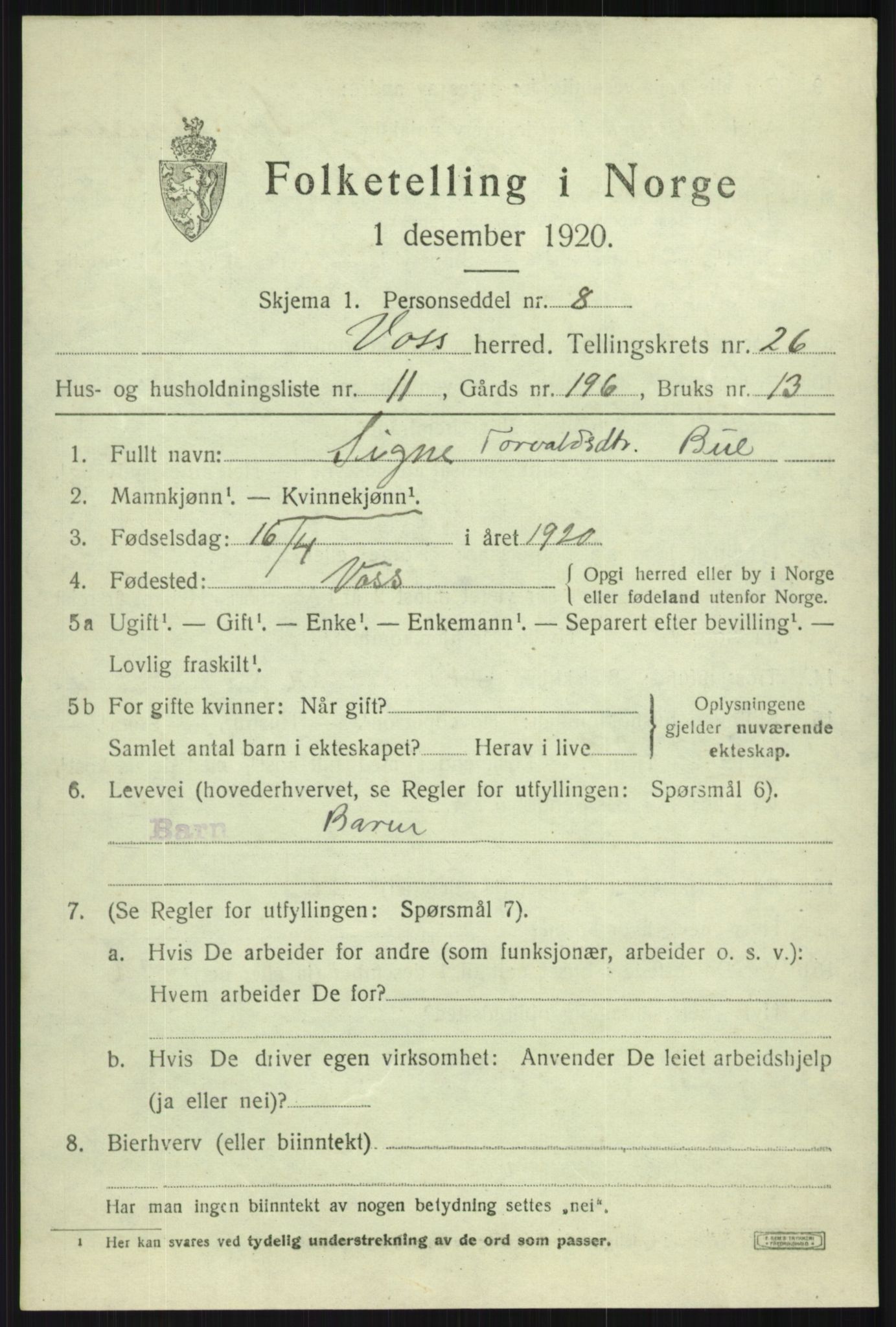 SAB, 1920 census for Voss, 1920, p. 18083