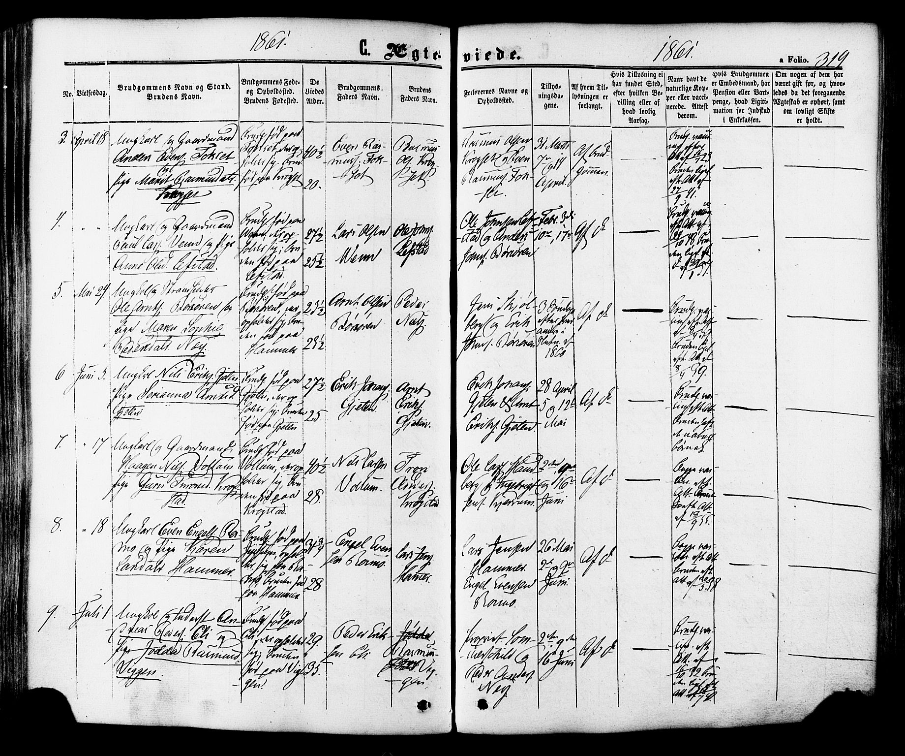 Ministerialprotokoller, klokkerbøker og fødselsregistre - Sør-Trøndelag, SAT/A-1456/665/L0772: Parish register (official) no. 665A07, 1856-1878, p. 319