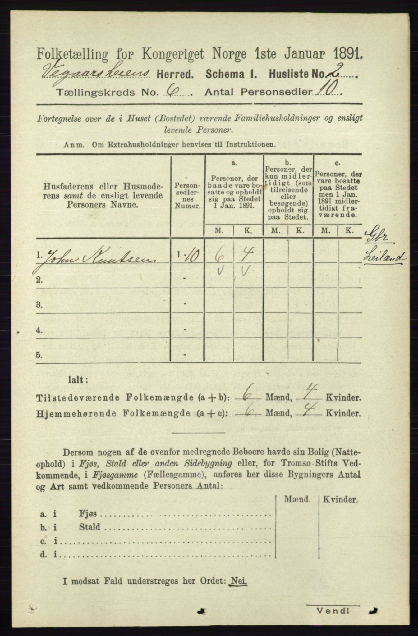 RA, 1891 census for 0912 Vegårshei, 1891, p. 1143