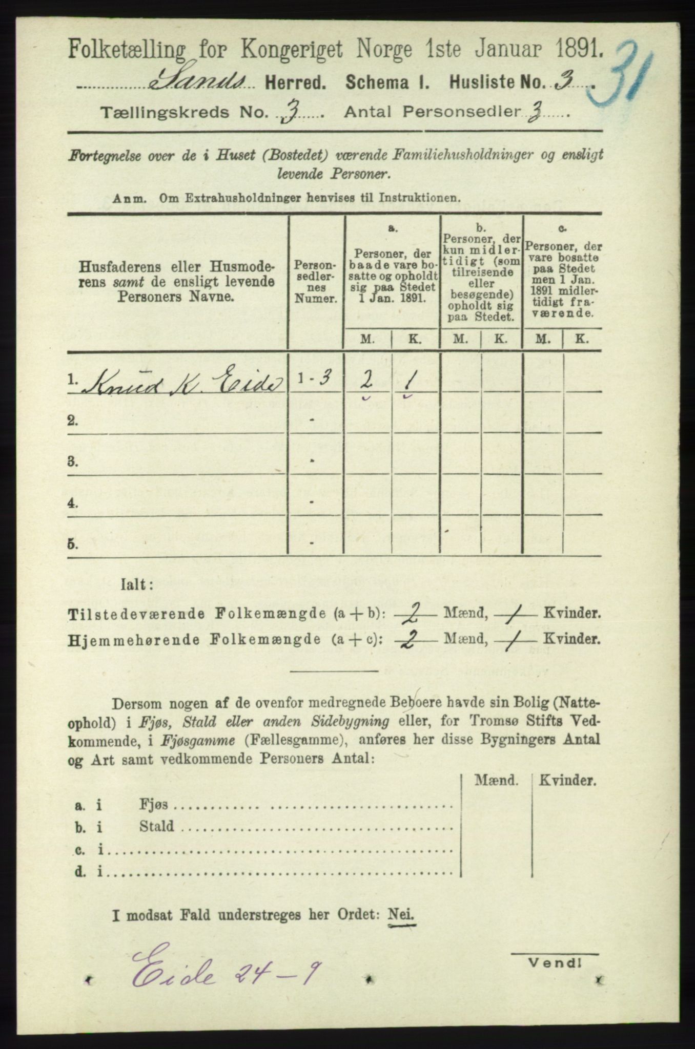 RA, 1891 census for 1136 Sand, 1891, p. 580