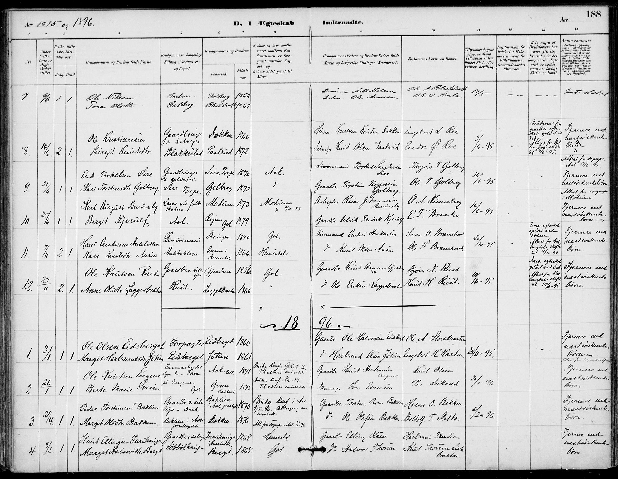 Gol kirkebøker, SAKO/A-226/F/Fa/L0005: Parish register (official) no. I 5, 1887-1900, p. 188