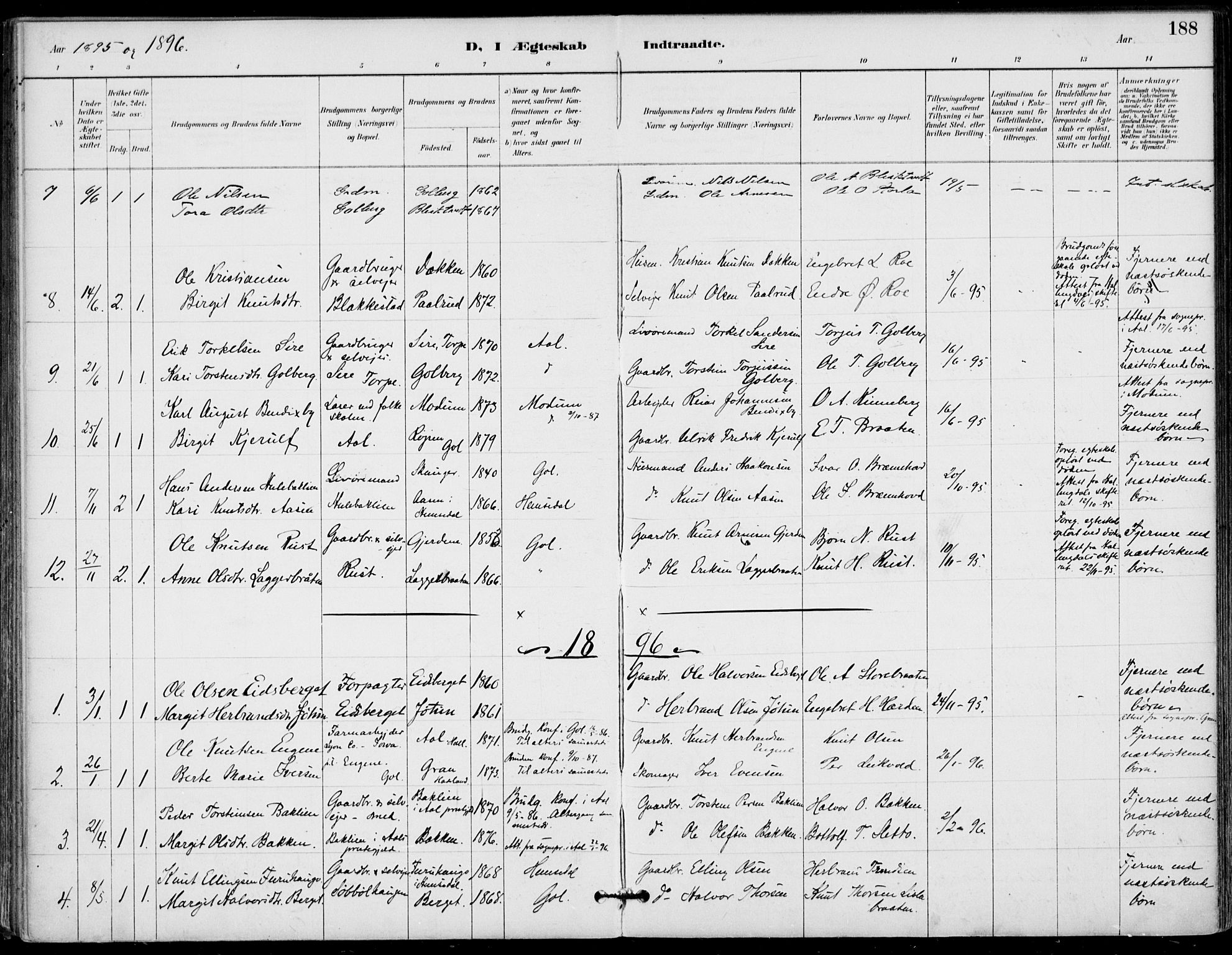 Gol kirkebøker, AV/SAKO-A-226/F/Fa/L0005: Parish register (official) no. I 5, 1887-1900, p. 188