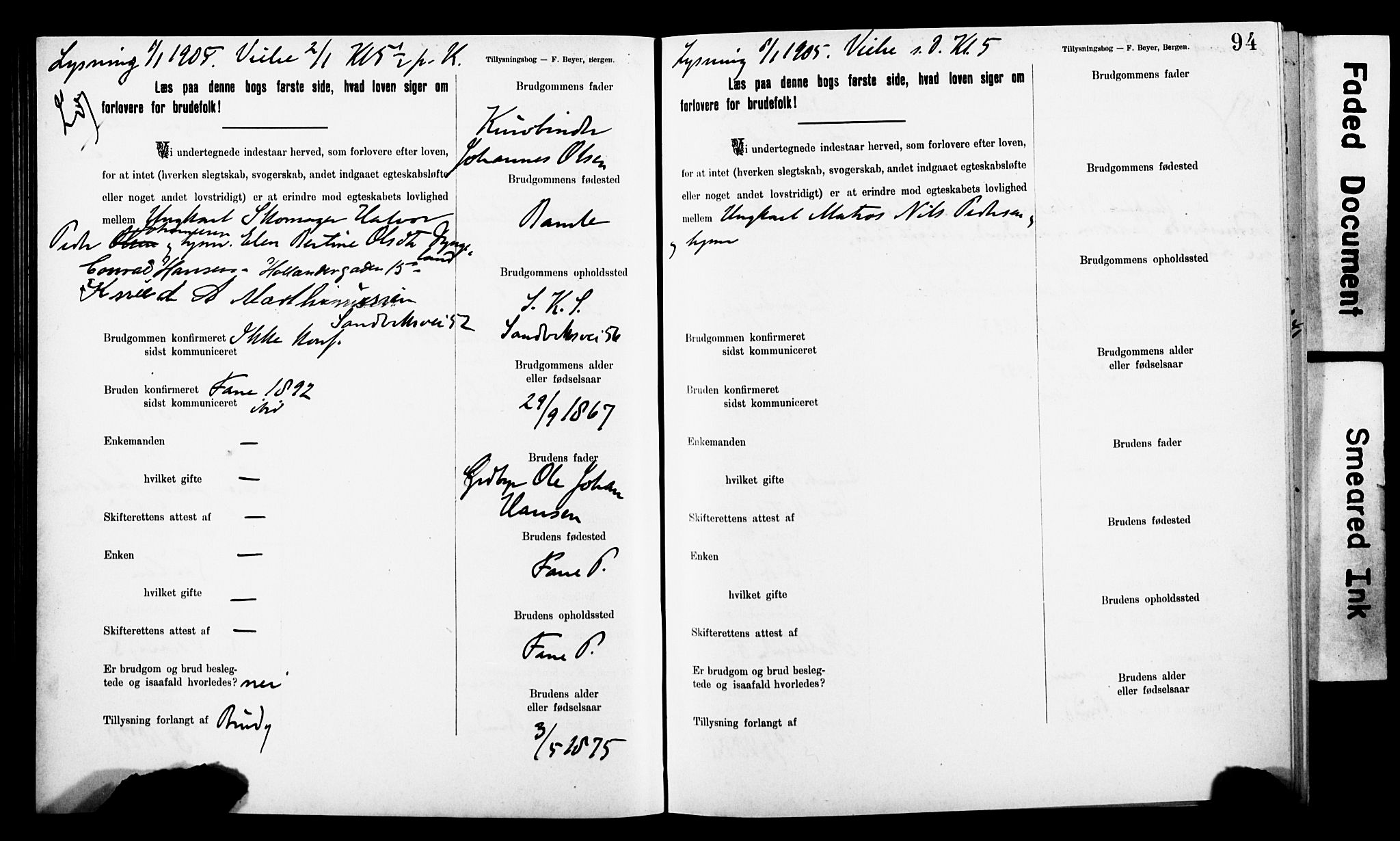 Korskirken sokneprestembete, AV/SAB-A-76101: Best man's statements no. II.5.8, 1903-1908, p. 94