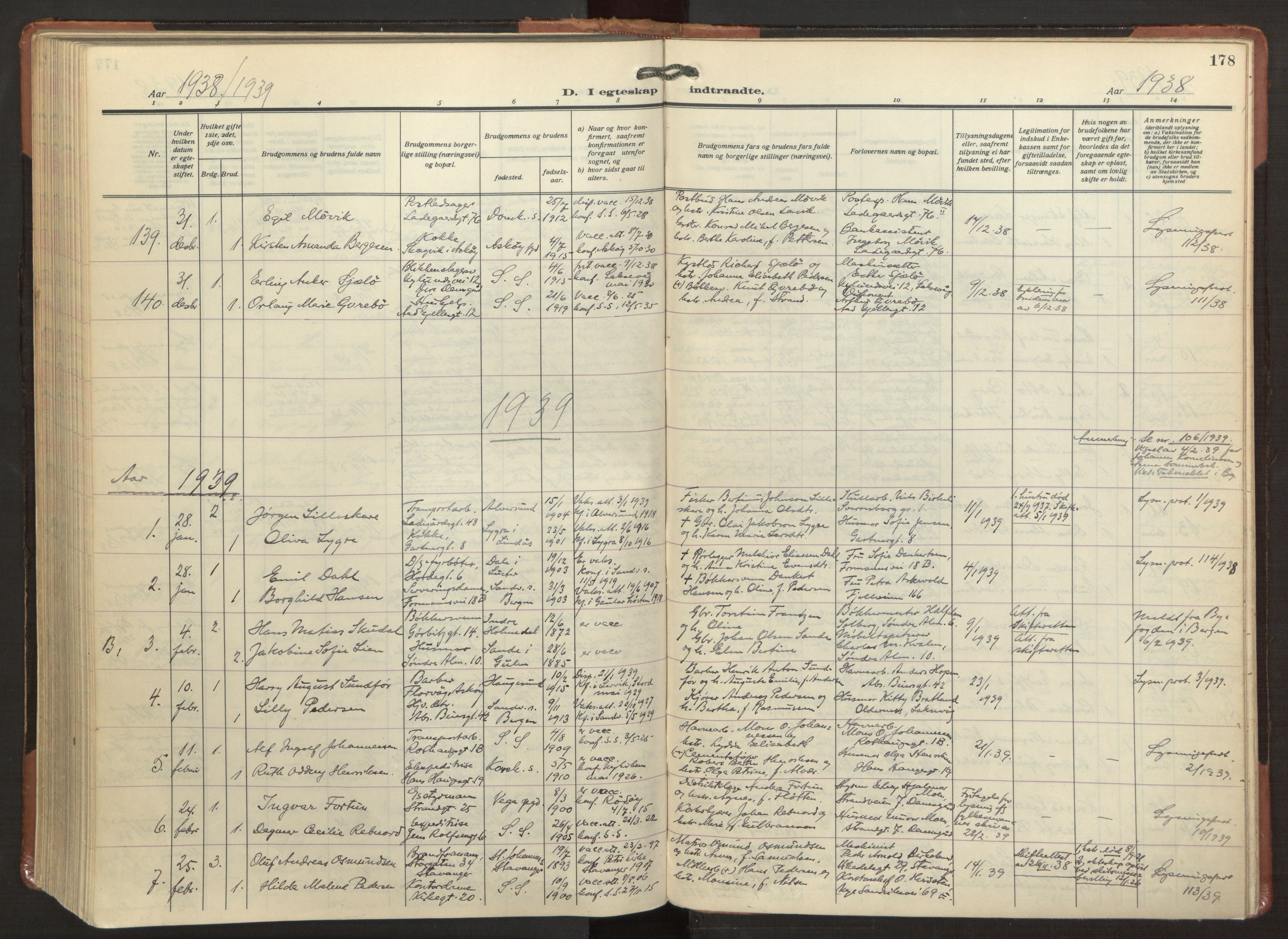 Sandviken Sokneprestembete, AV/SAB-A-77601/H/Ha/L0016: Parish register (official) no. D 3, 1923-1940, p. 178