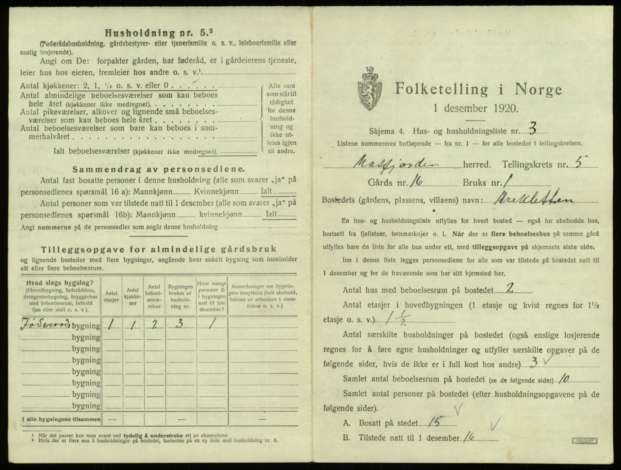 SAB, 1920 census for Masfjorden, 1920, p. 250