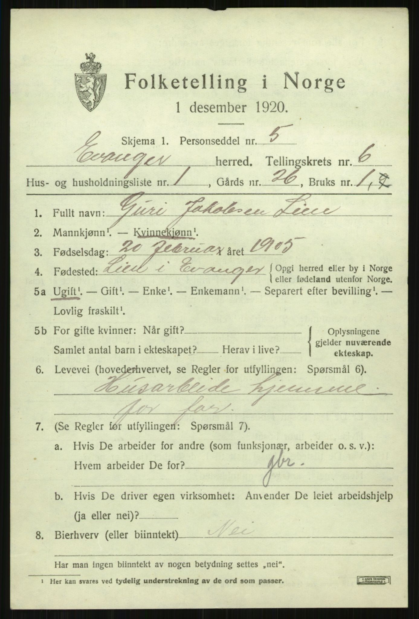 SAB, 1920 census for Evanger, 1920, p. 1917