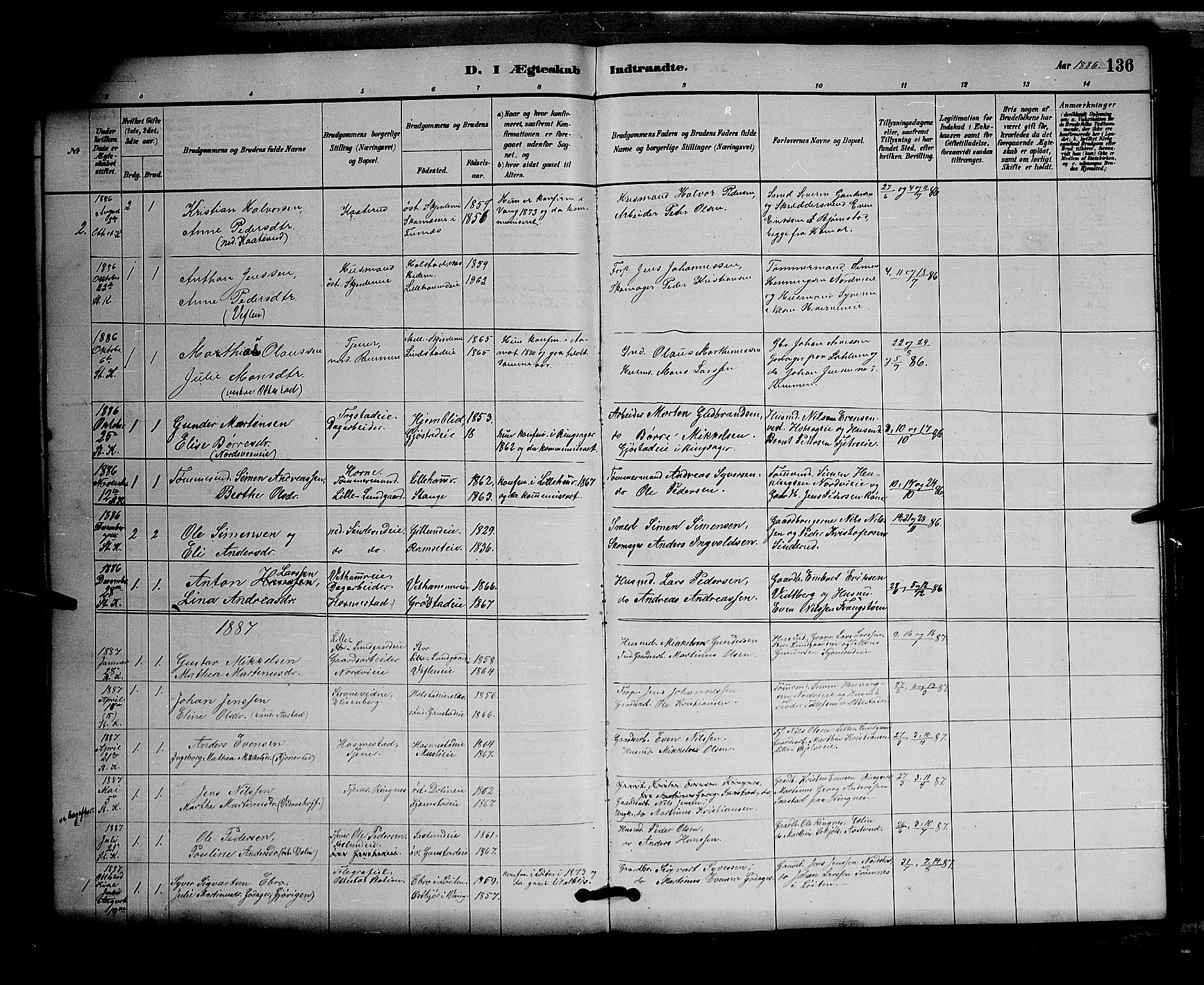 Stange prestekontor, AV/SAH-PREST-002/L/L0007: Parish register (copy) no. 7, 1880-1893, p. 136