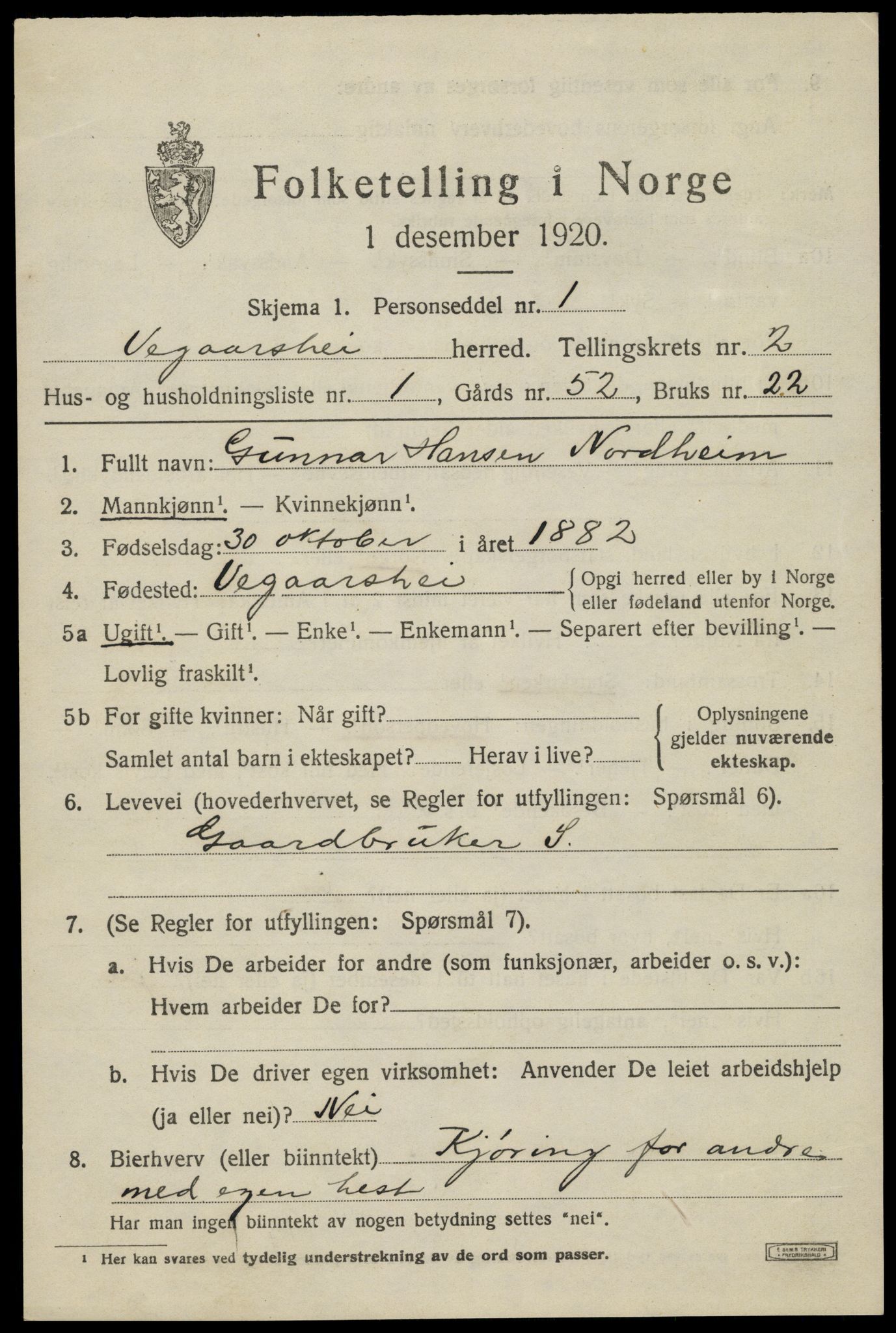 SAK, 1920 census for Vegårshei, 1920, p. 1216