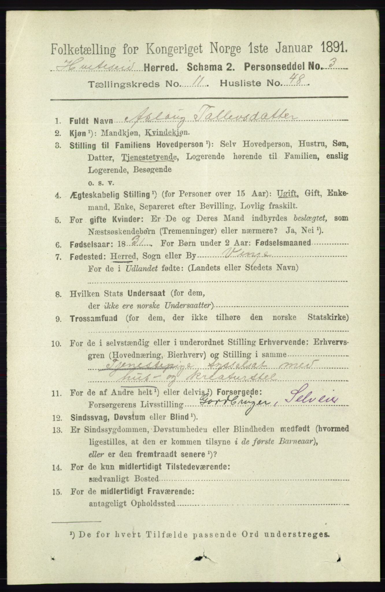 RA, 1891 census for 0829 Kviteseid, 1891, p. 2808