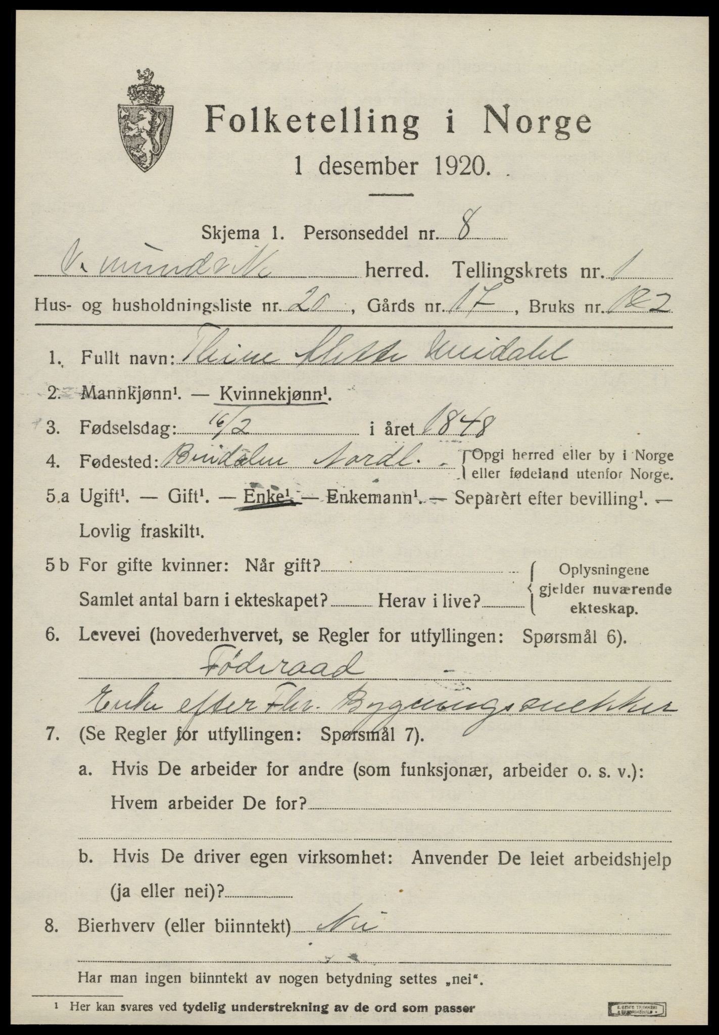 SAT, 1920 census for Vemundvik, 1920, p. 1017