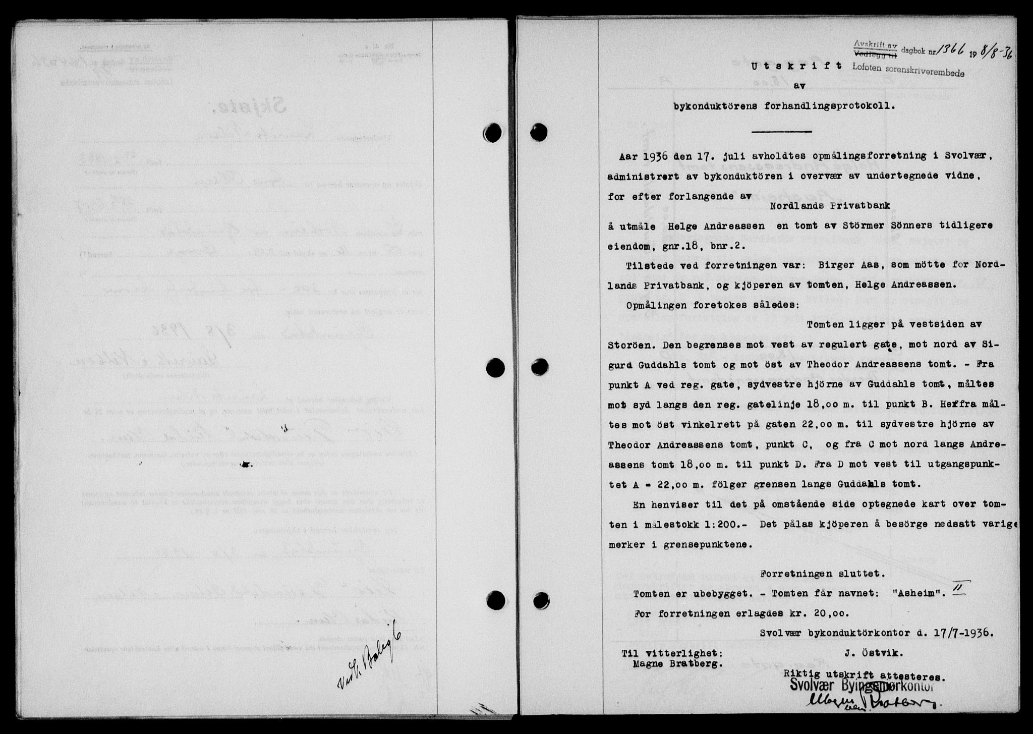 Lofoten sorenskriveri, SAT/A-0017/1/2/2C/L0001a: Mortgage book no. 1a, 1936-1937, Diary no: : 1366/1936