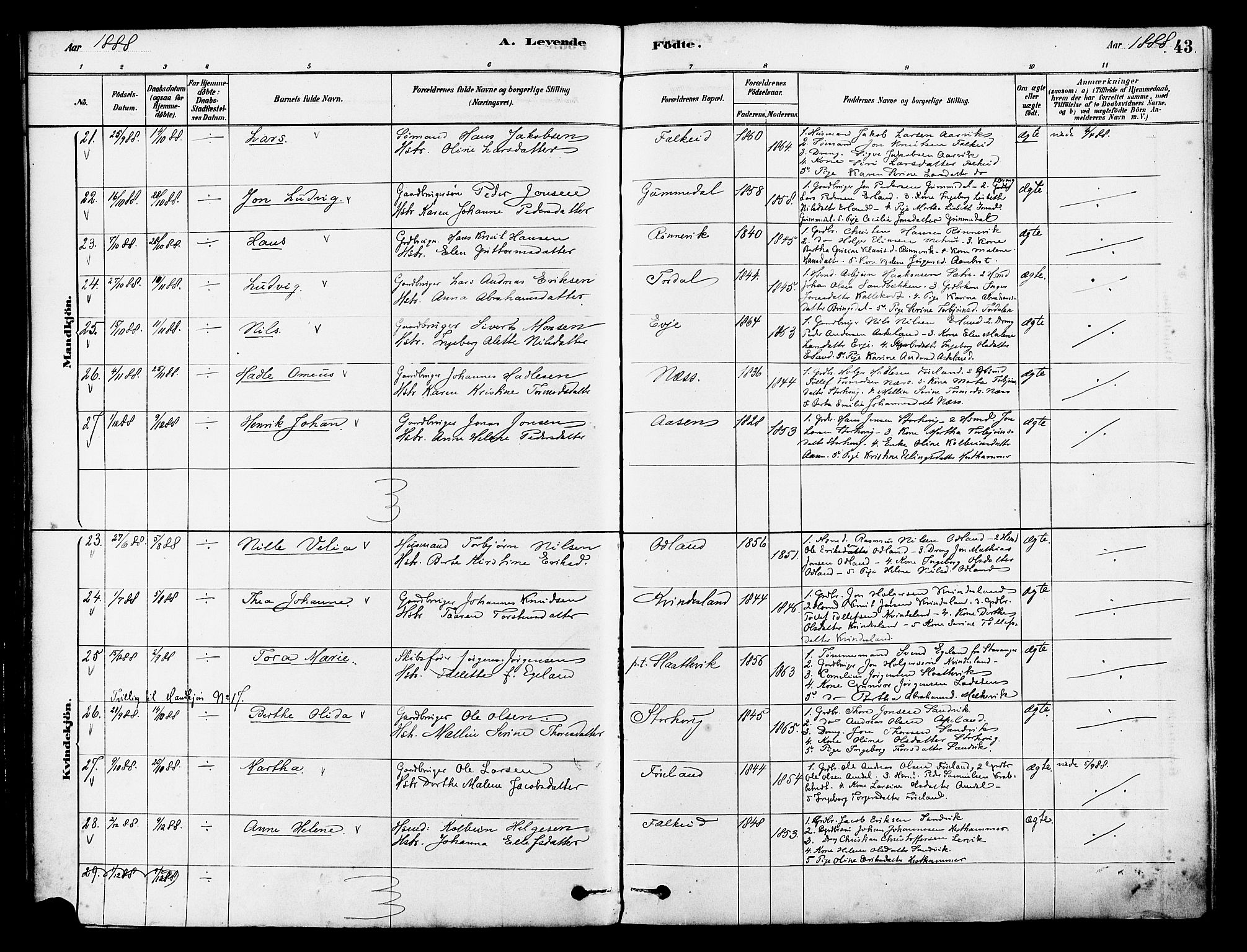 Tysvær sokneprestkontor, AV/SAST-A -101864/H/Ha/Haa/L0006: Parish register (official) no. A 6, 1878-1896, p. 43