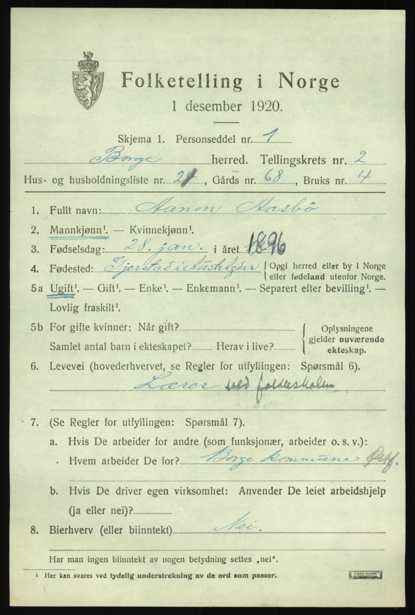 SAO, 1920 census for Borge, 1920, p. 3233