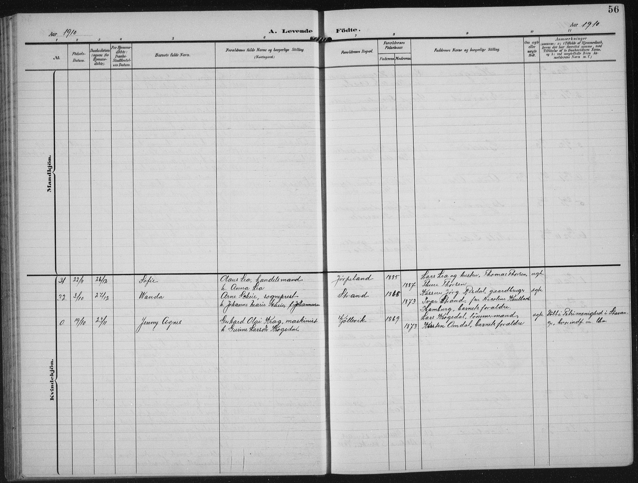 Strand sokneprestkontor, AV/SAST-A-101828/H/Ha/Hab/L0005: Parish register (copy) no. B 5, 1904-1934, p. 56